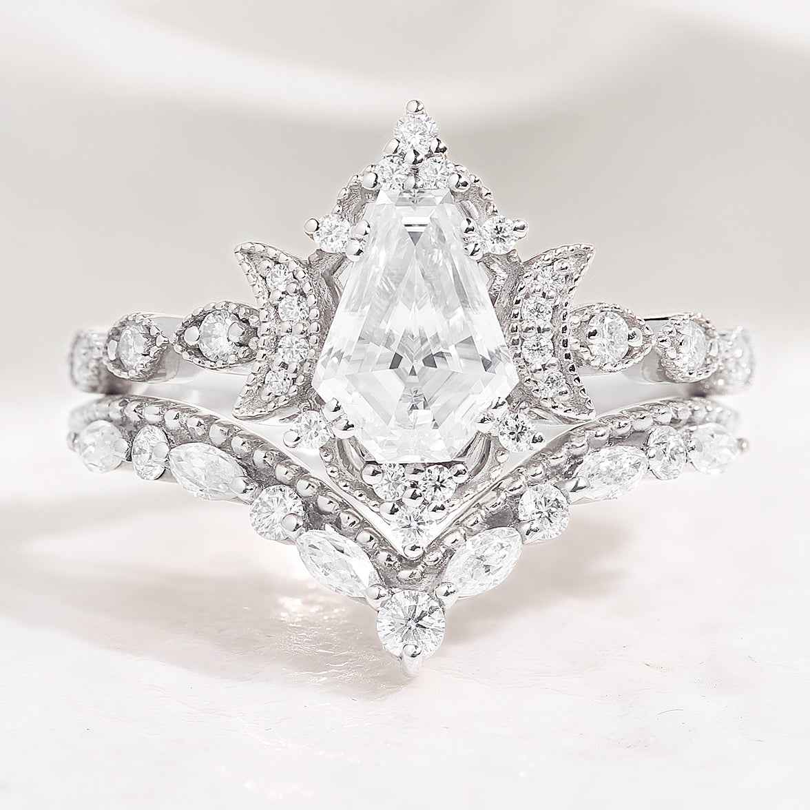 Coffin Cut Unique Moon Design Moissanite Engagement Ring Set Curved Wedding Band