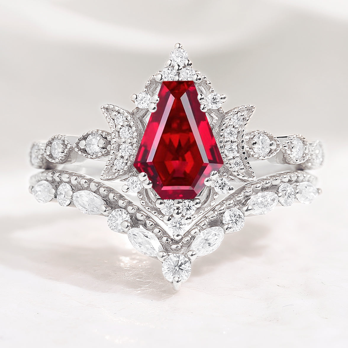 Ruby Coffin Cut Engagement Ring with Matching Wedding Band