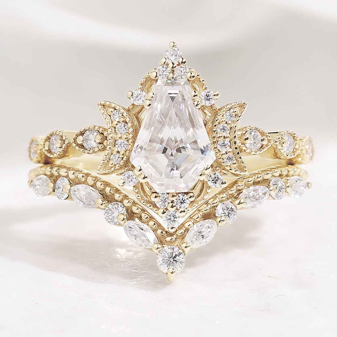 Coffin Cut Unique Moon Design Moissanite Engagement Ring Set Curved Wedding Band