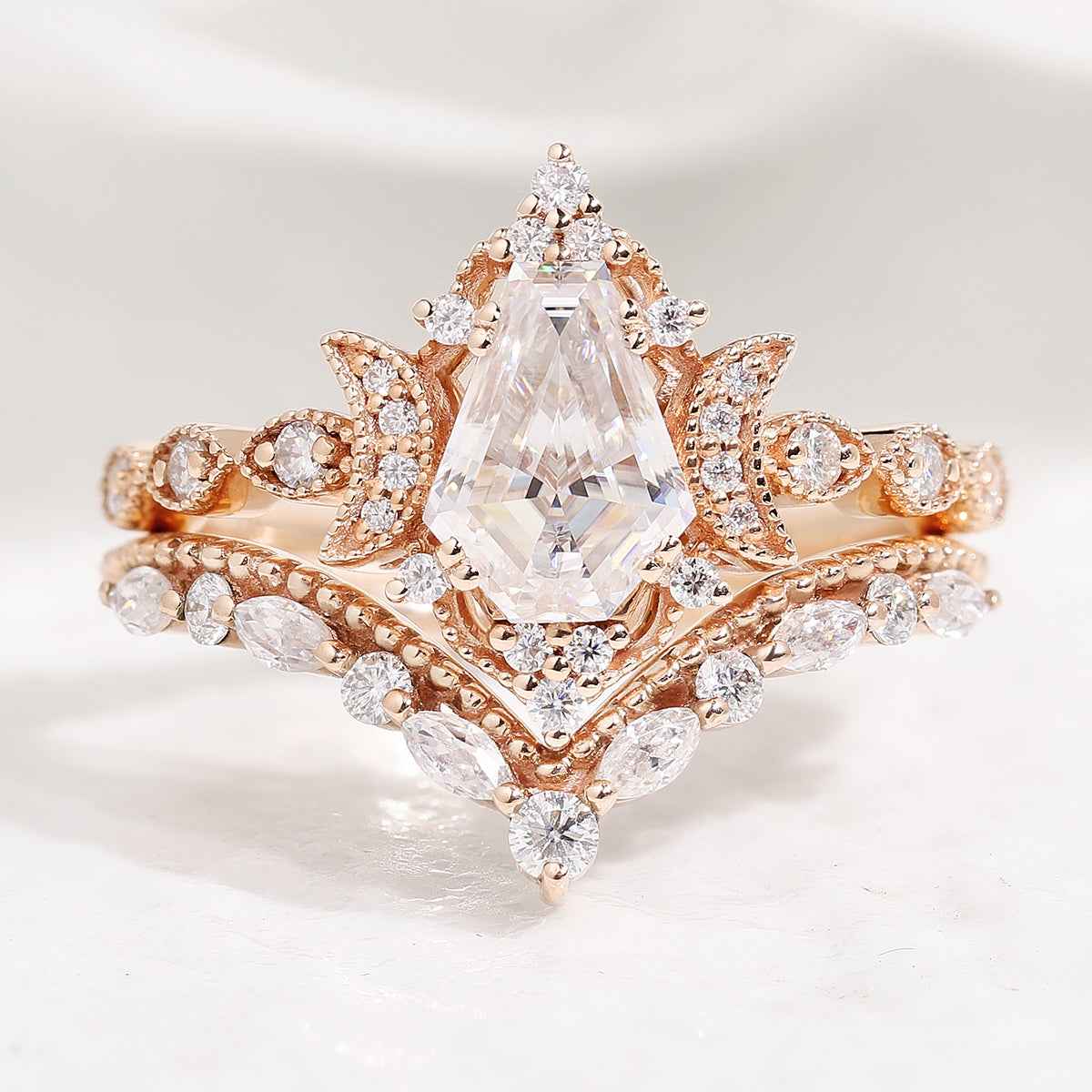 Coffin Cut Unique Moon Design Moissanite Engagement Ring Set Curved Wedding Band