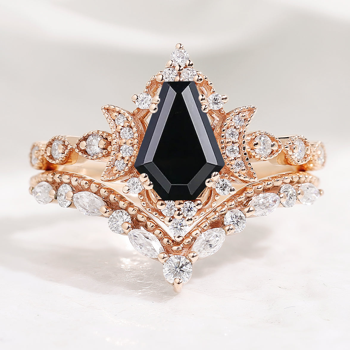 Unique Moon Design Black Onyx Engagement Ring Set