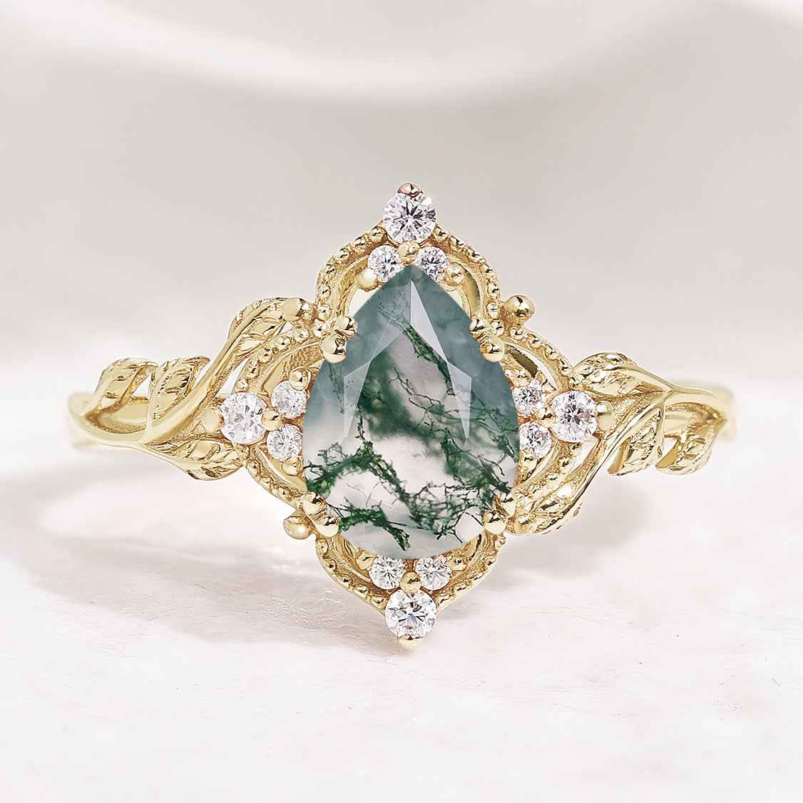 Nature Inspired Pear Cut Moss Agate Leafy Engagement Ring