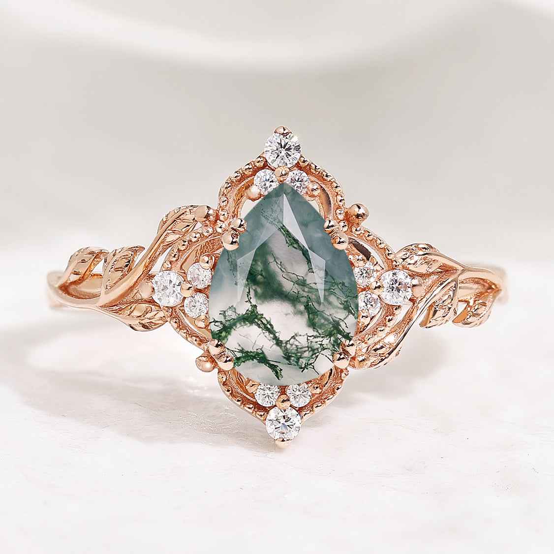 Nature Inspired Pear Cut Moss Agate Leafy Engagement Ring