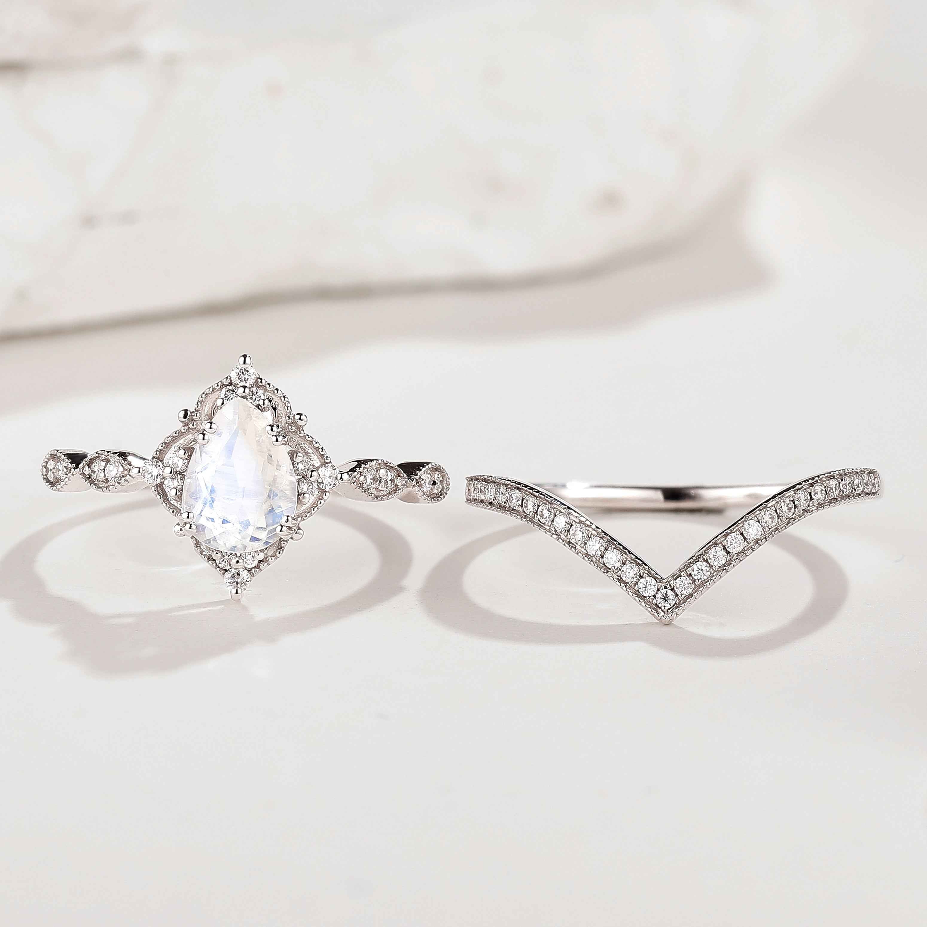 Pear Cut Moonstone Straight Moissanite Engagement Ring with V Shape Wedding Band