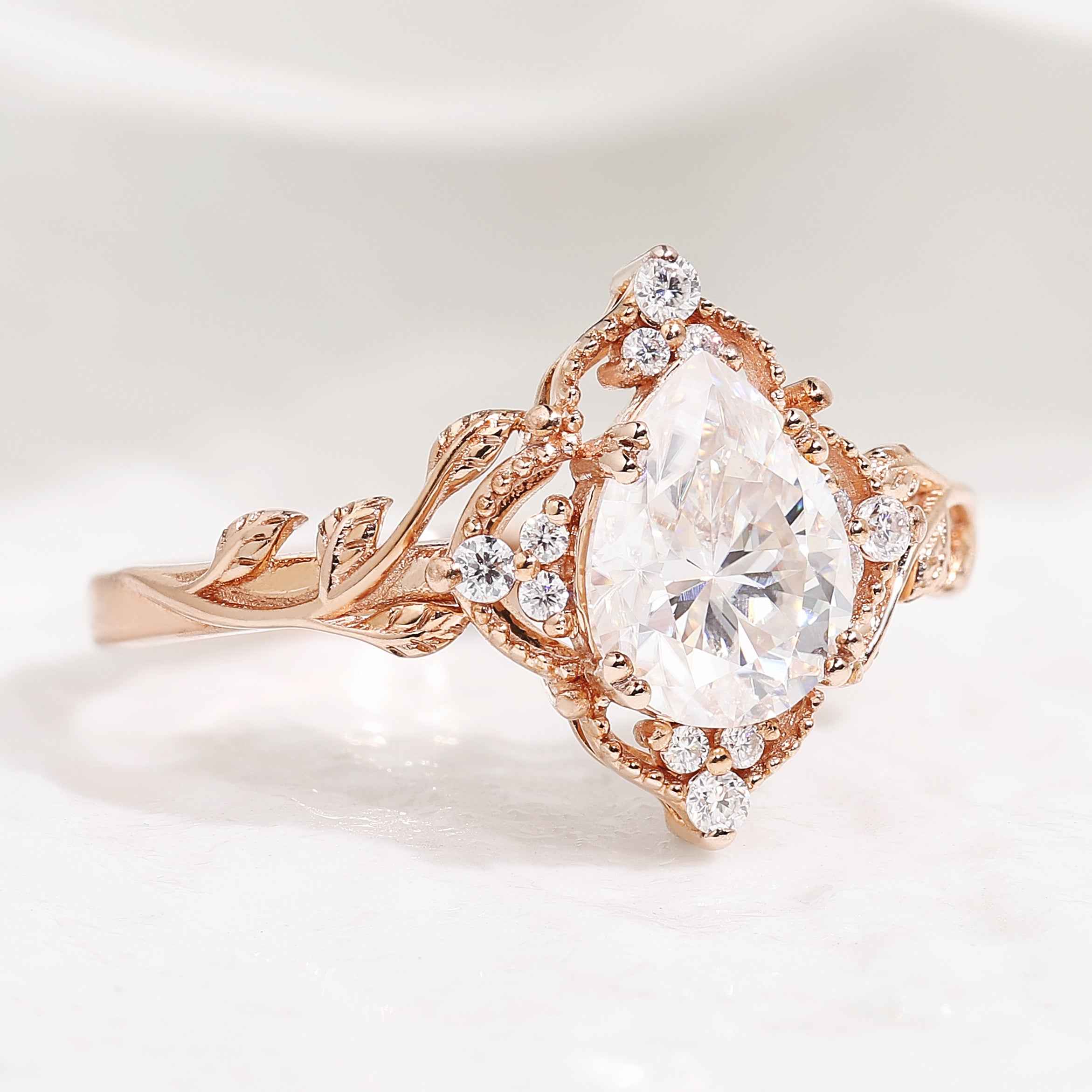 Nature Inspired Leaf Shaped Moissanite Wedding Ring