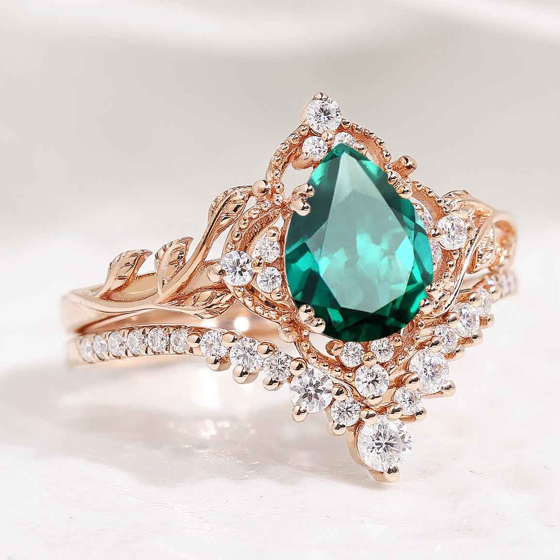 10K Nature Inspired Pear Cut Lab Emerald Leaf Engagement Ring Set 2pcs