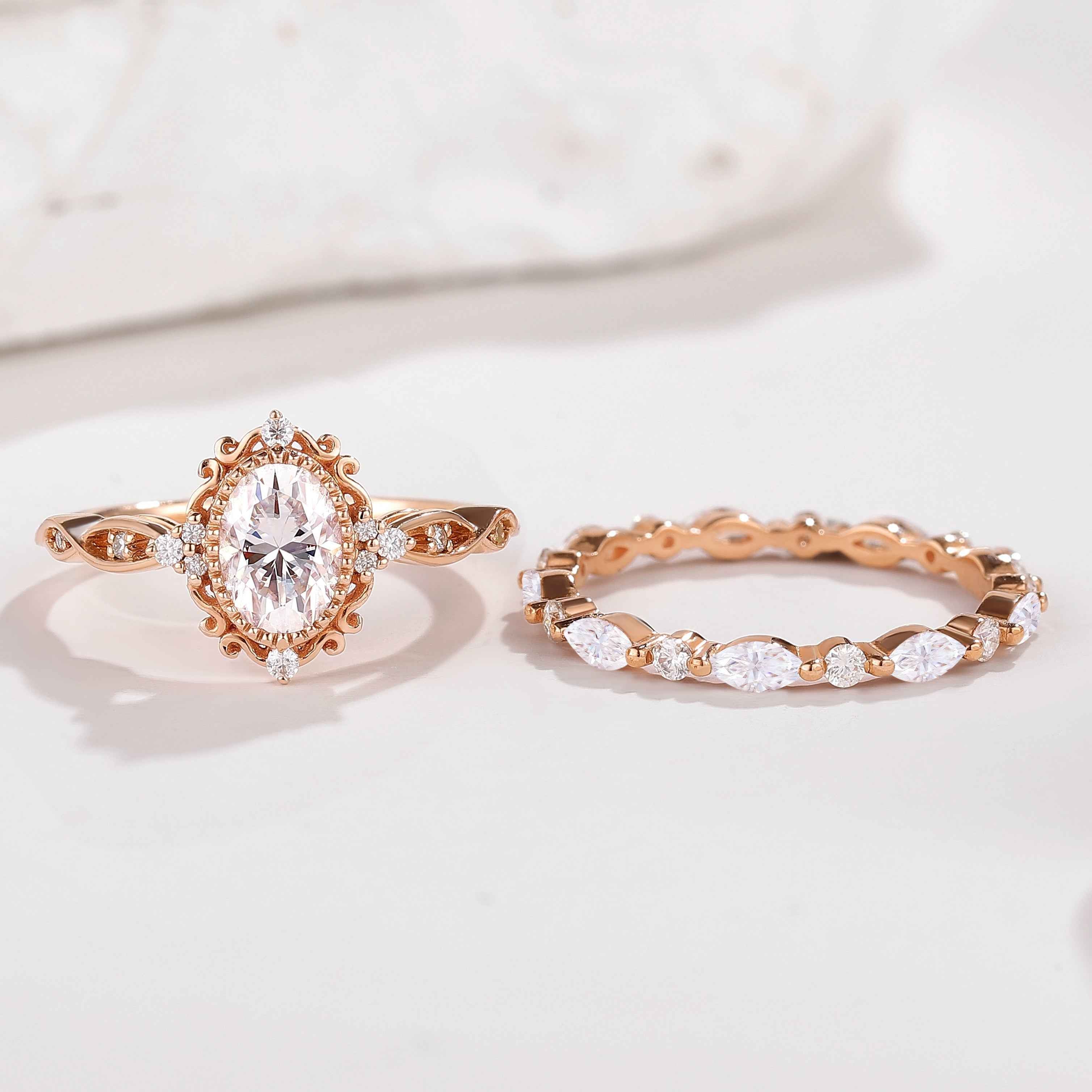 Signature Vintage Oval Shaped Moissanite Engagement Ring Set 2pcs