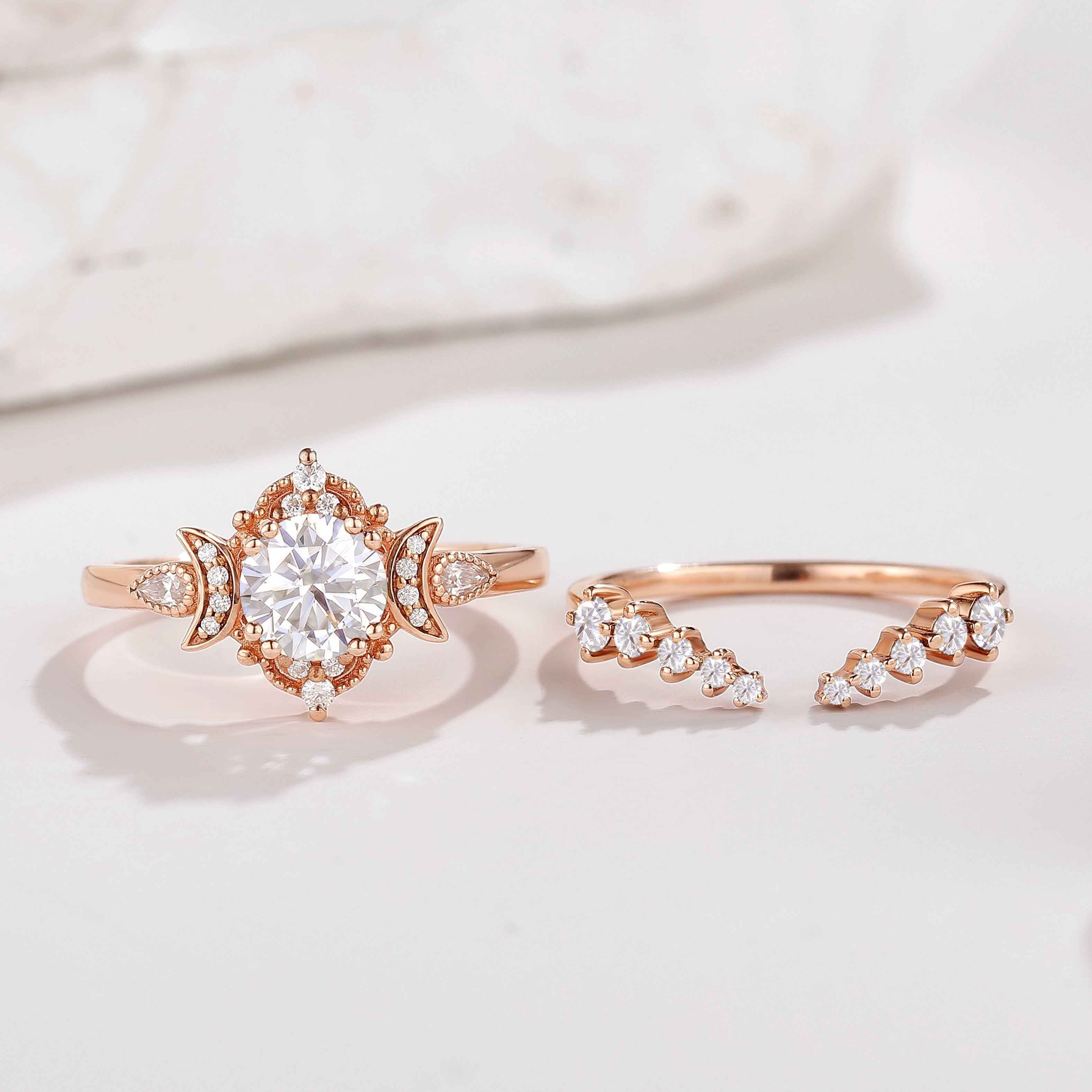Unique Round Moissanite Engagement Ring Set With 2 Moons Open Wedding Band