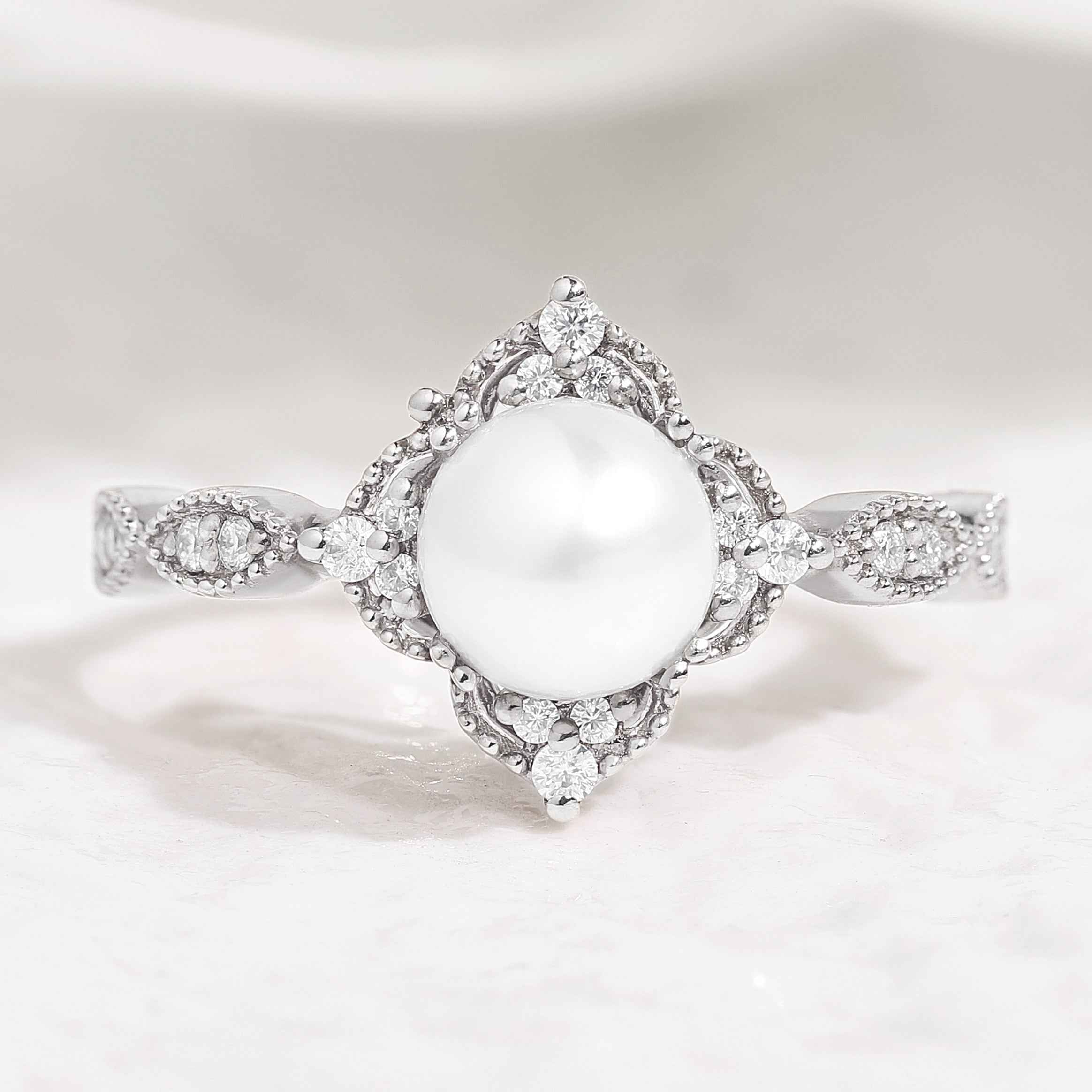 Vintage Akoya Pearl Engagement Ring Rose Gold Moissanite Cluster