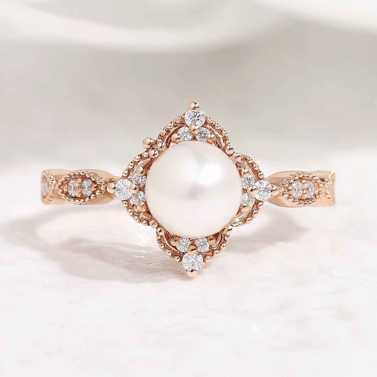 Vintage Akoya Pearl Engagement Ring Rose Gold Moissanite Cluster