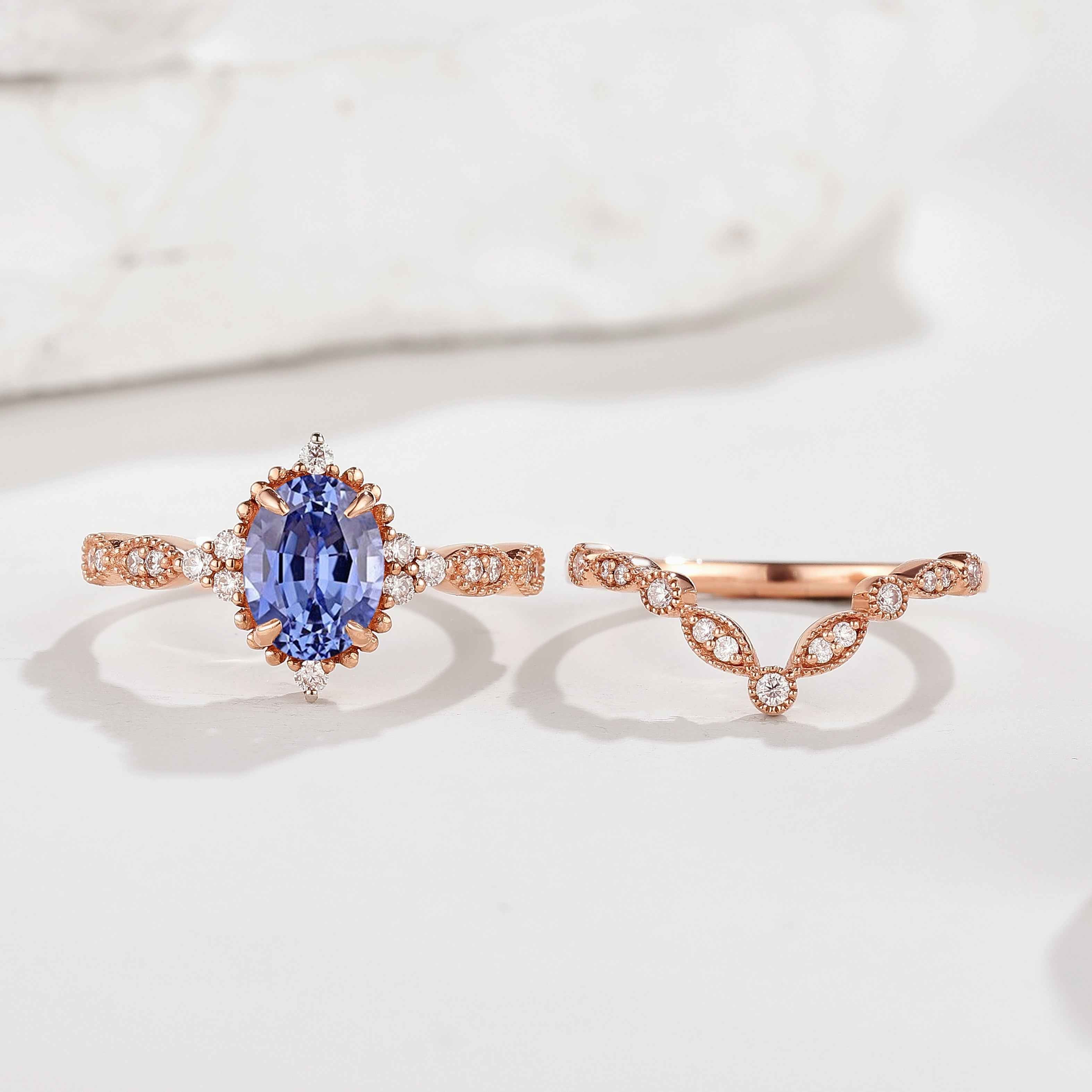 Oval Cut Lab Blue Sapphire Minimalist Engagement Ring 2pcs