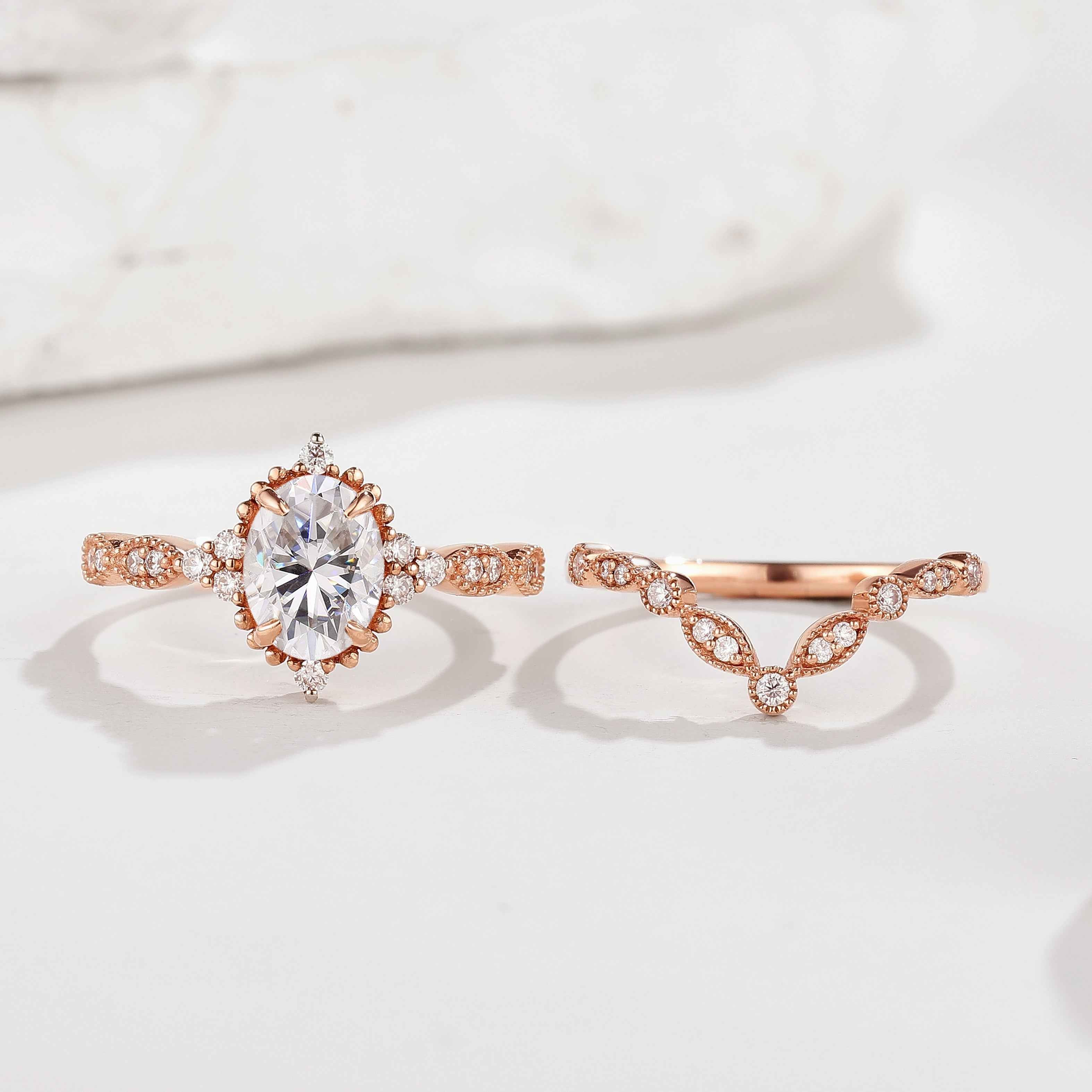 Oval Cut Moissanite Engagement Ring Set V Shaped Moissanite Wedding Band