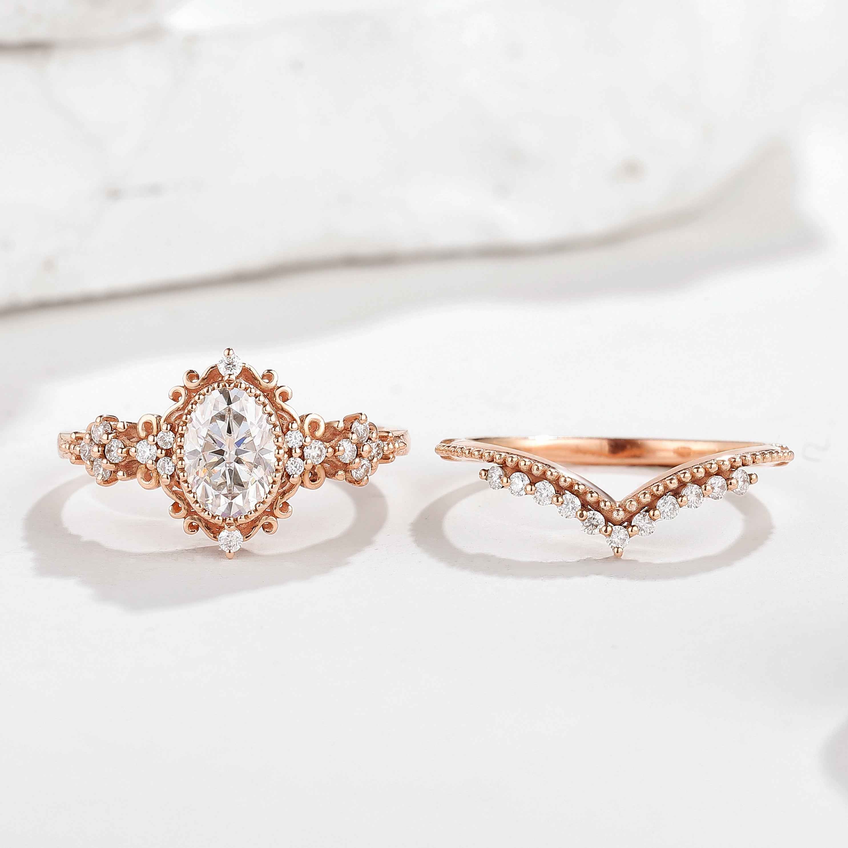 Signature Vintage Oval Cut Moissanite Engagement Bridal Set Rings