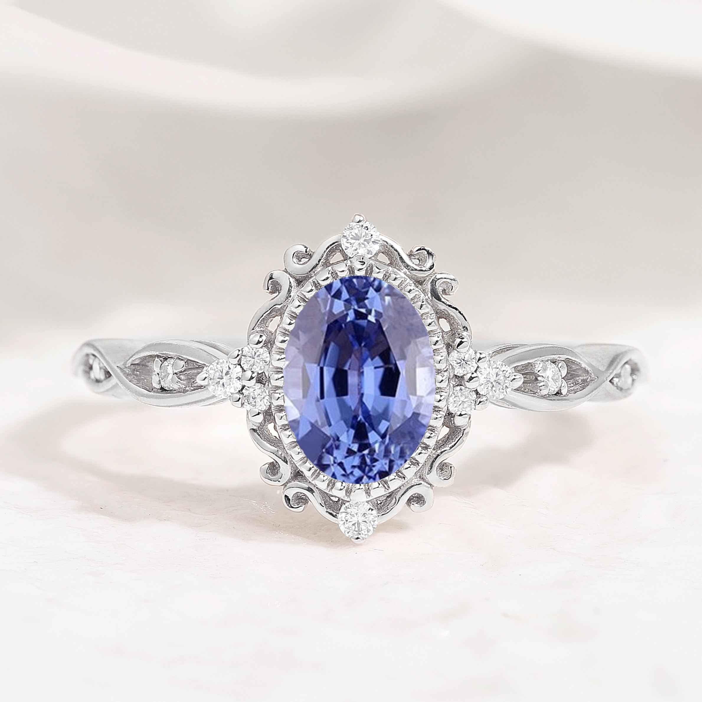 Vintage Oval Cut Lab Blue Sapphire Engagement Ring