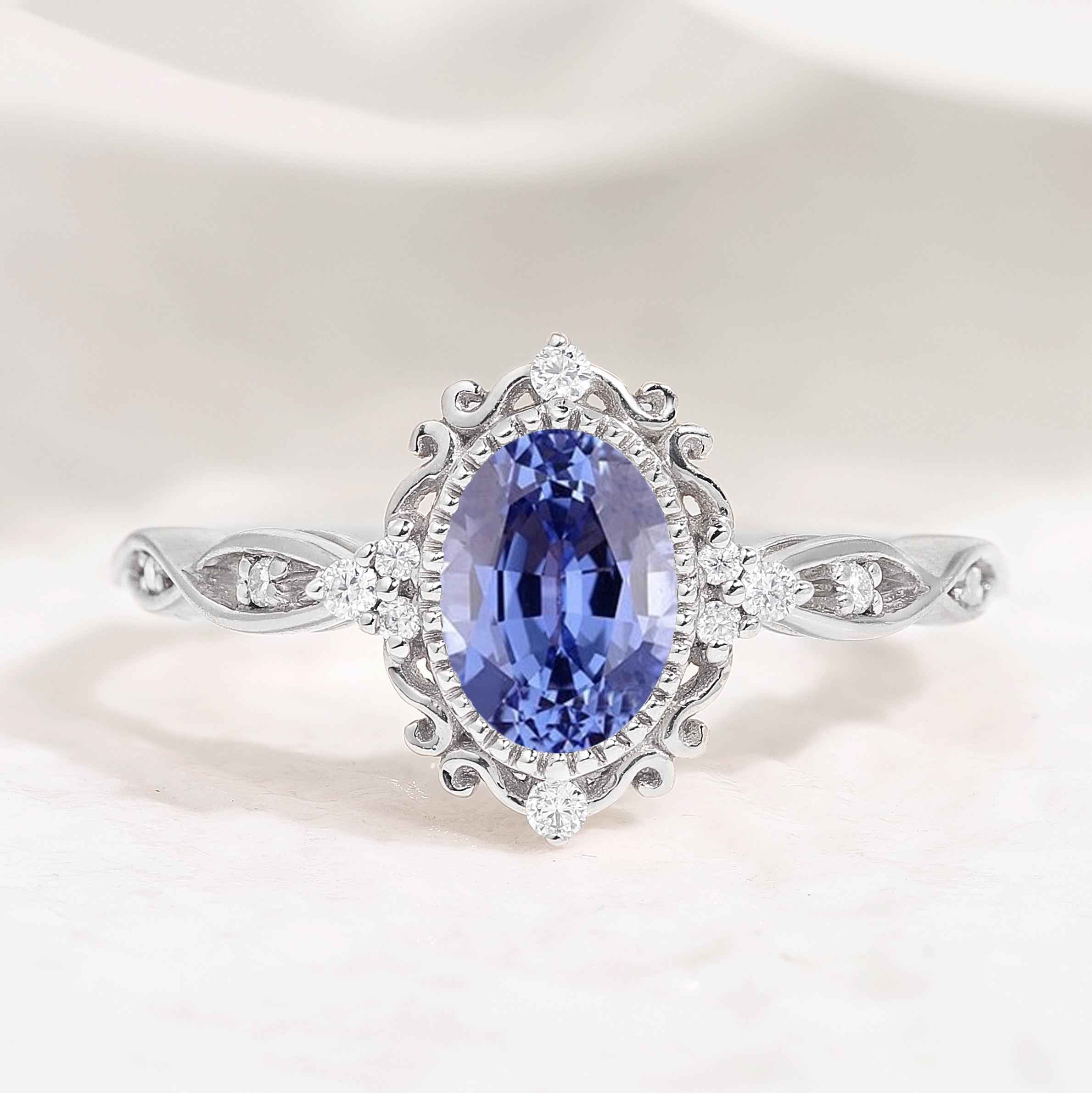 Vintage Oval Cut Lab Blue Sapphire Engagement Ring