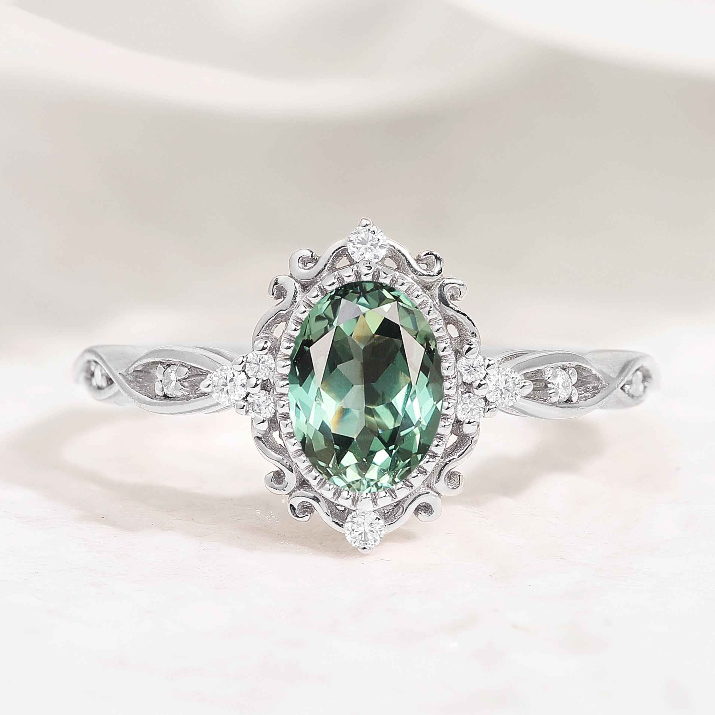 Signature Vintage Oval Cut Lab Green Sapphire Engagement Ring