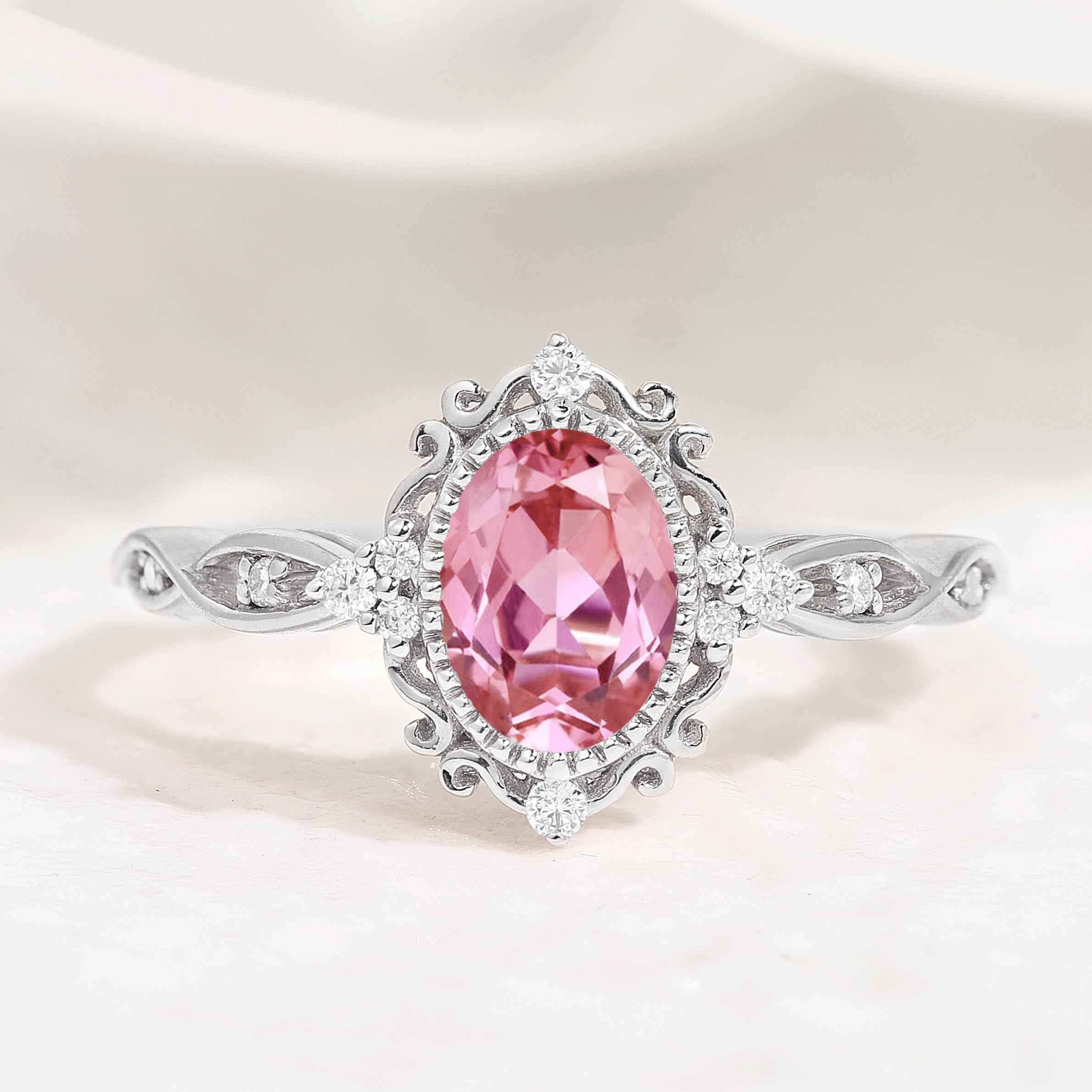 Signature Vintage Oval Cut Lab Pink Sapphire Engagement Ring