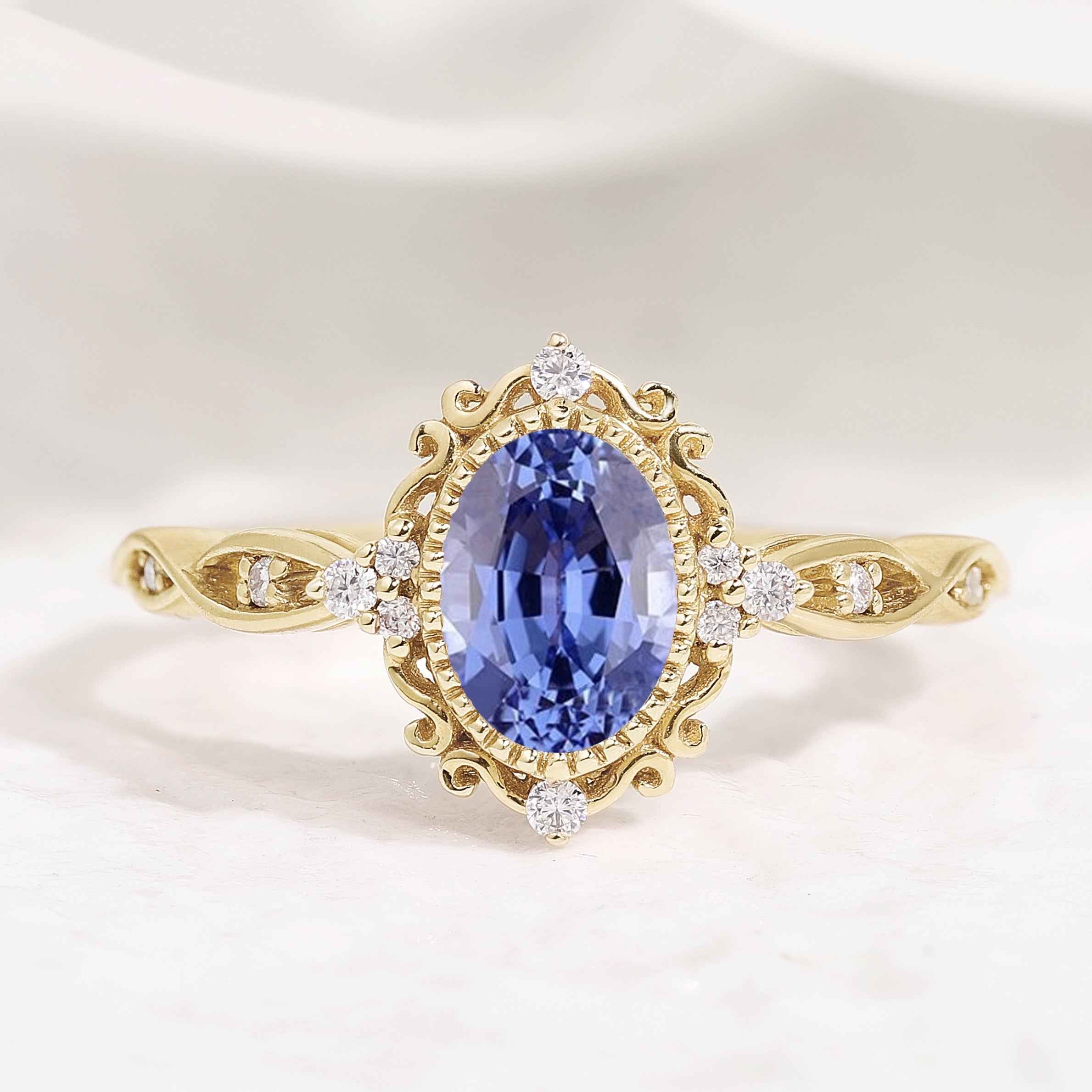 Vintage Oval Cut Lab Blue Sapphire Engagement Ring