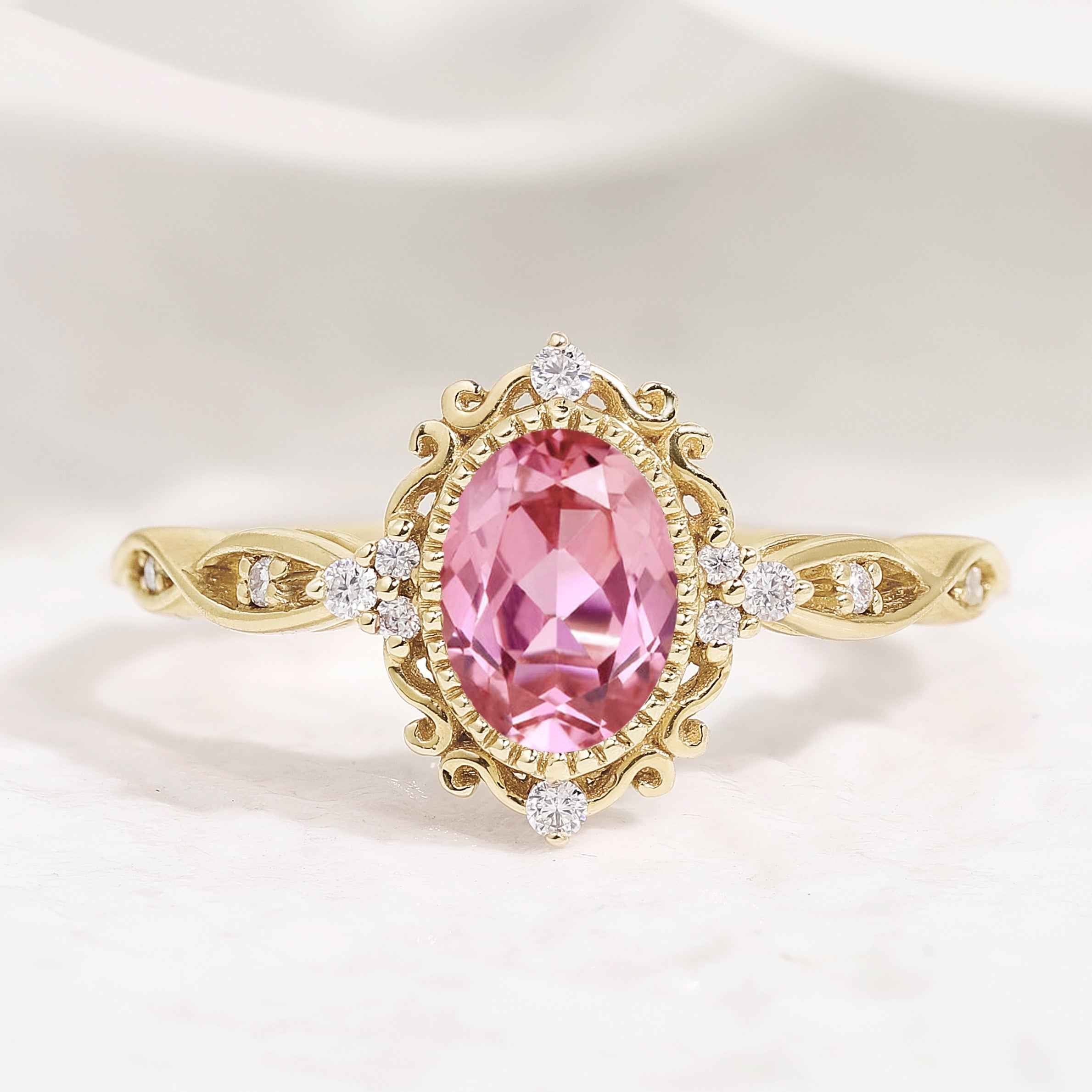 Signature Vintage Oval Cut Lab Pink Sapphire Engagement Ring