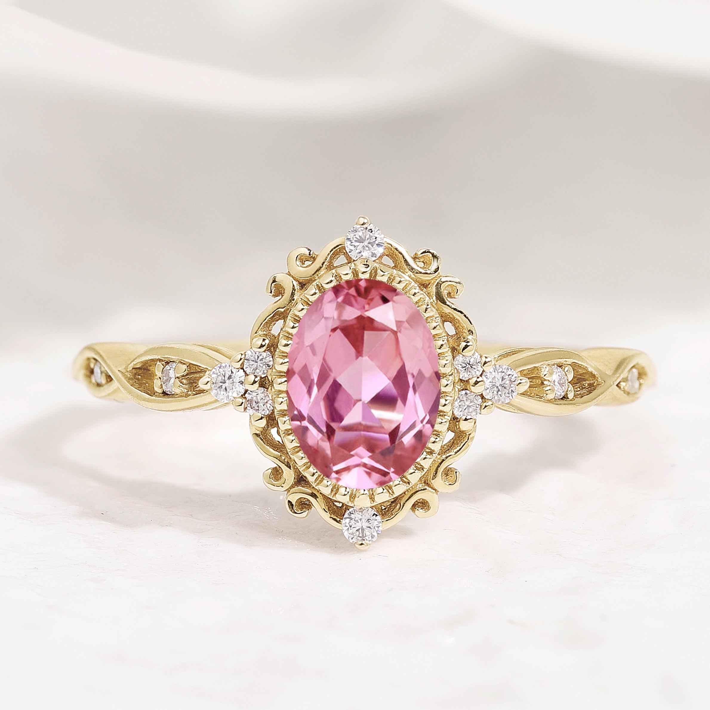 Signature Vintage Oval Cut Lab Pink Sapphire Engagement Ring