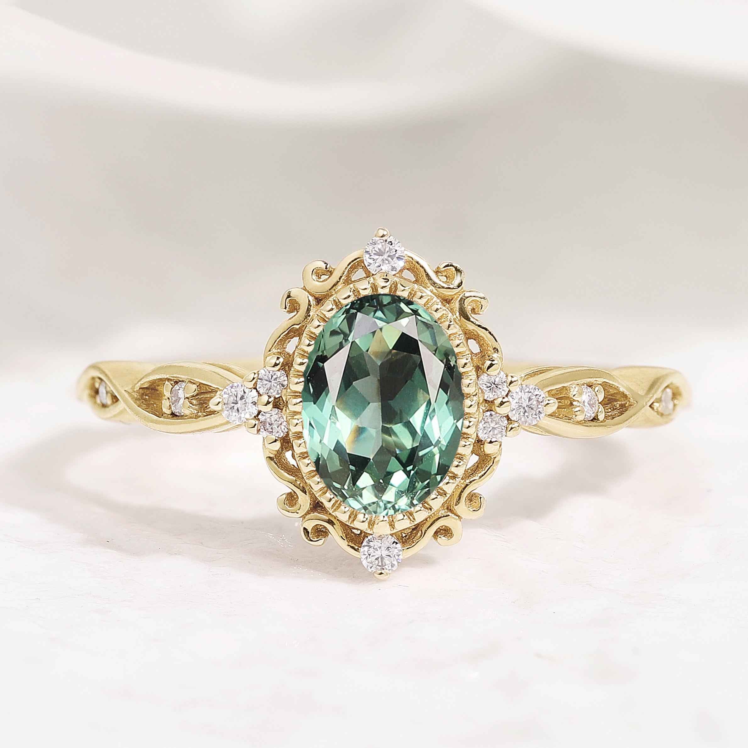 Signature Vintage Oval Cut Lab Green Sapphire Engagement Ring