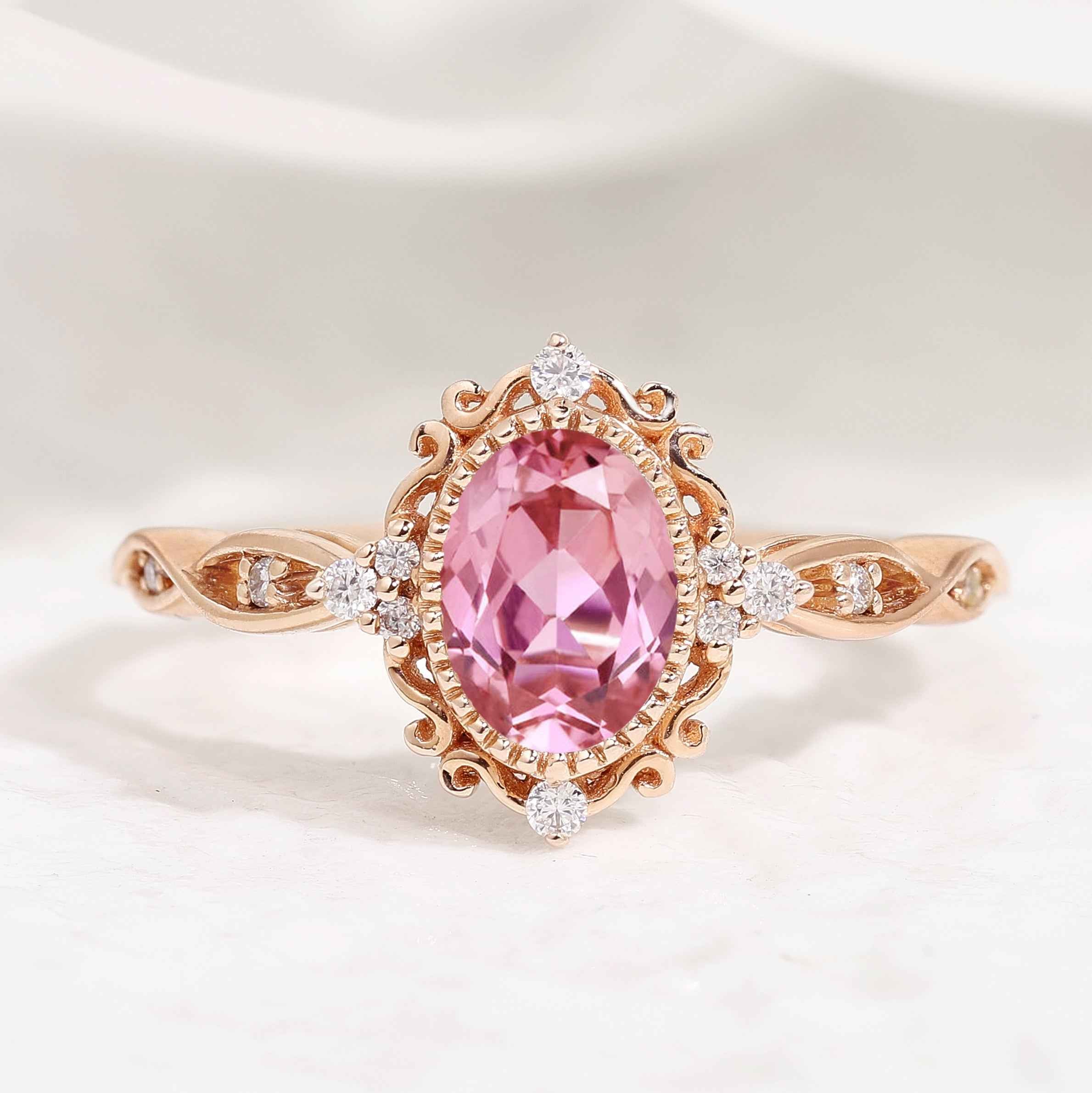 Signature Vintage Oval Cut Lab Pink Sapphire Engagement Ring