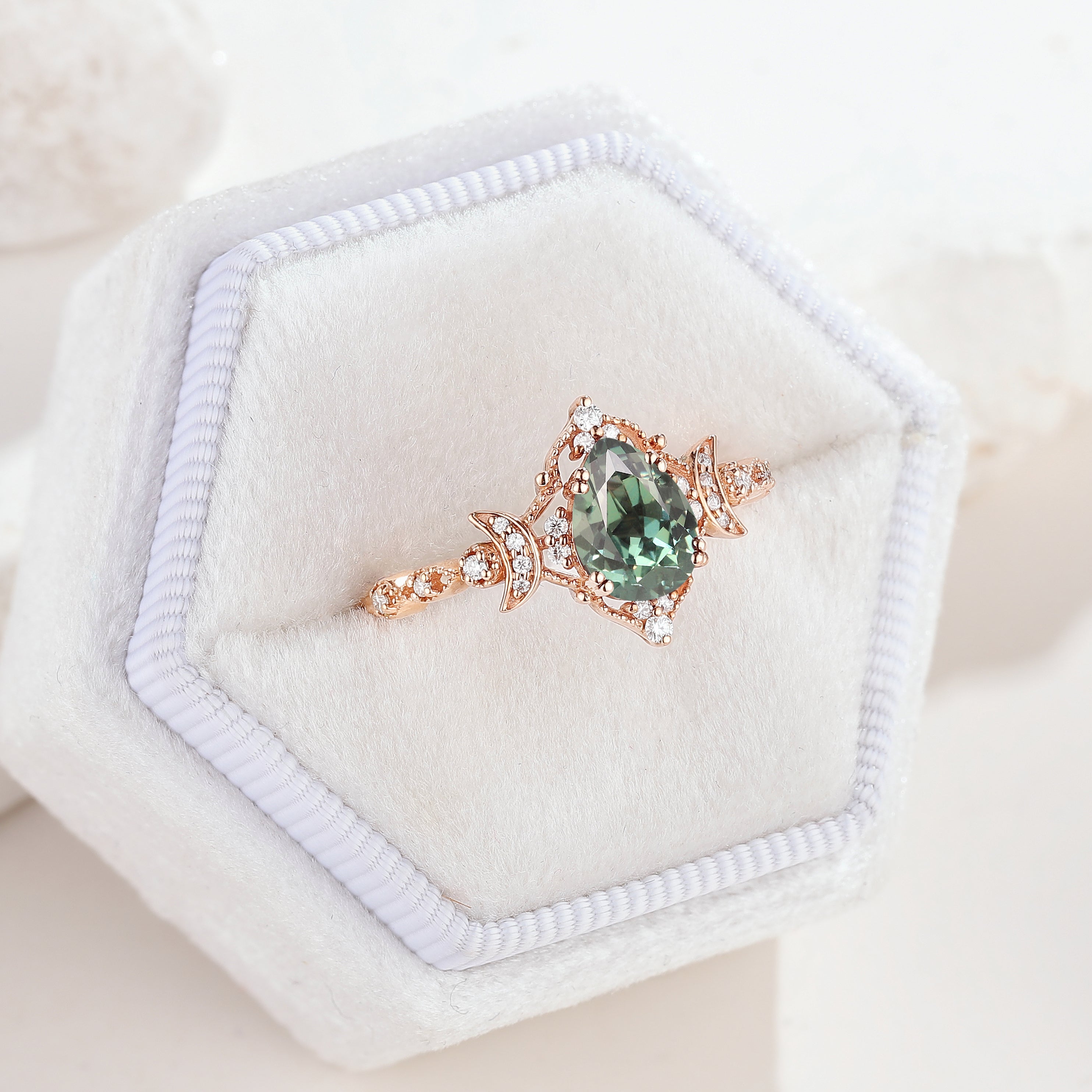 Unique Design Moon Inspired Pear Cut Lab Green Sapphire Engagement Ring