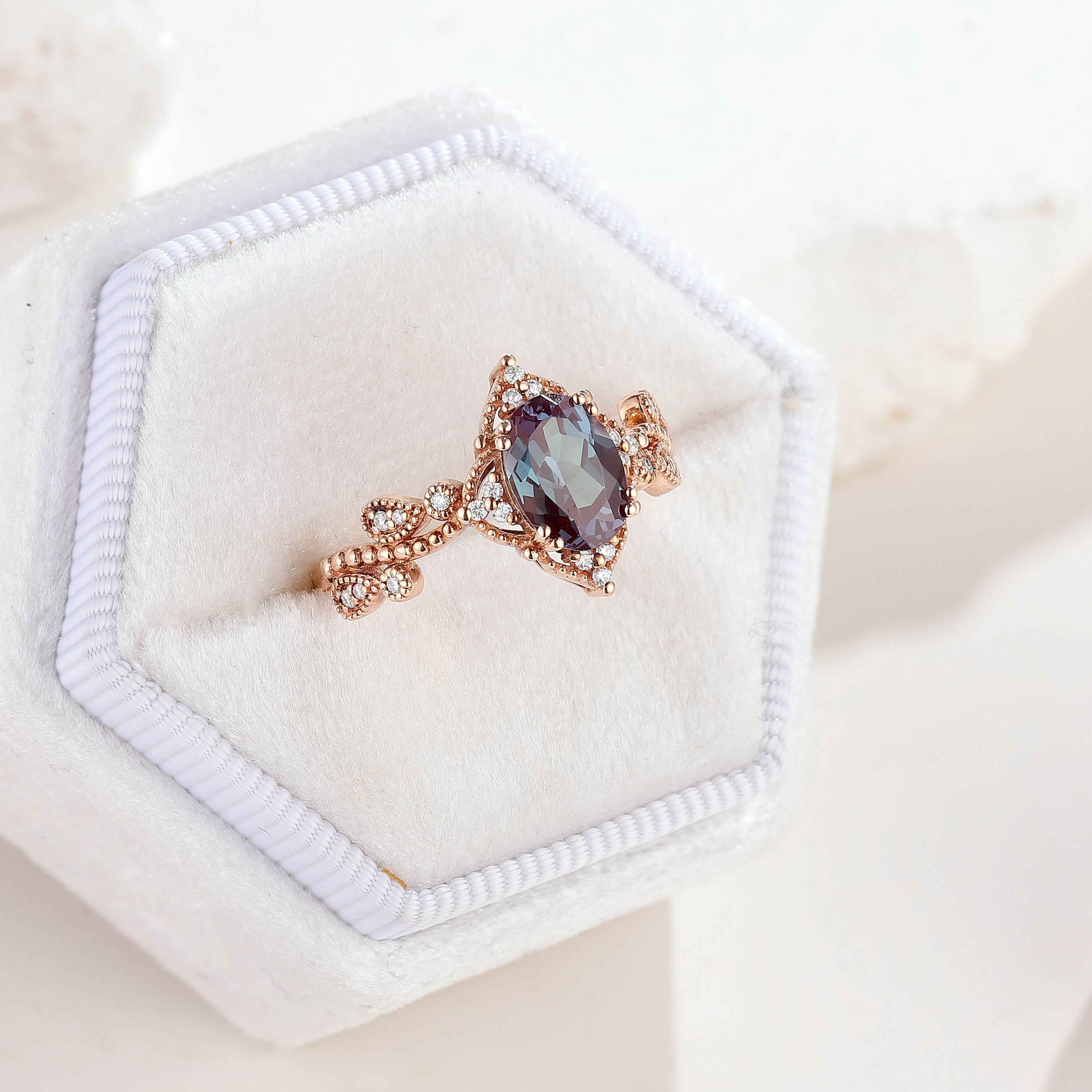 Vintage Rose Gold Alexandrite Handmade Ring Oval Cut Twisted Wedding Band