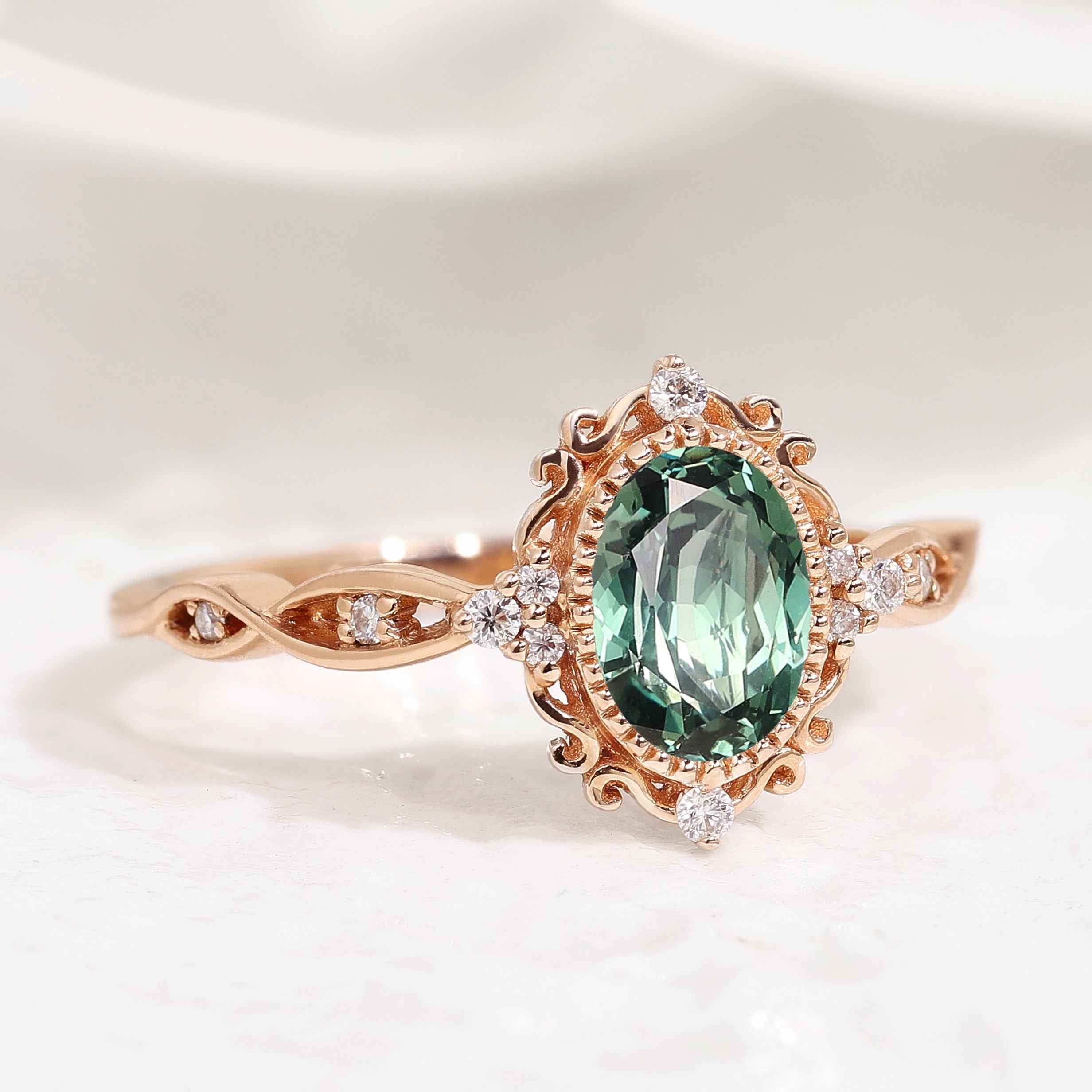 Signature Vintage Oval Cut Lab Green Sapphire Engagement Ring