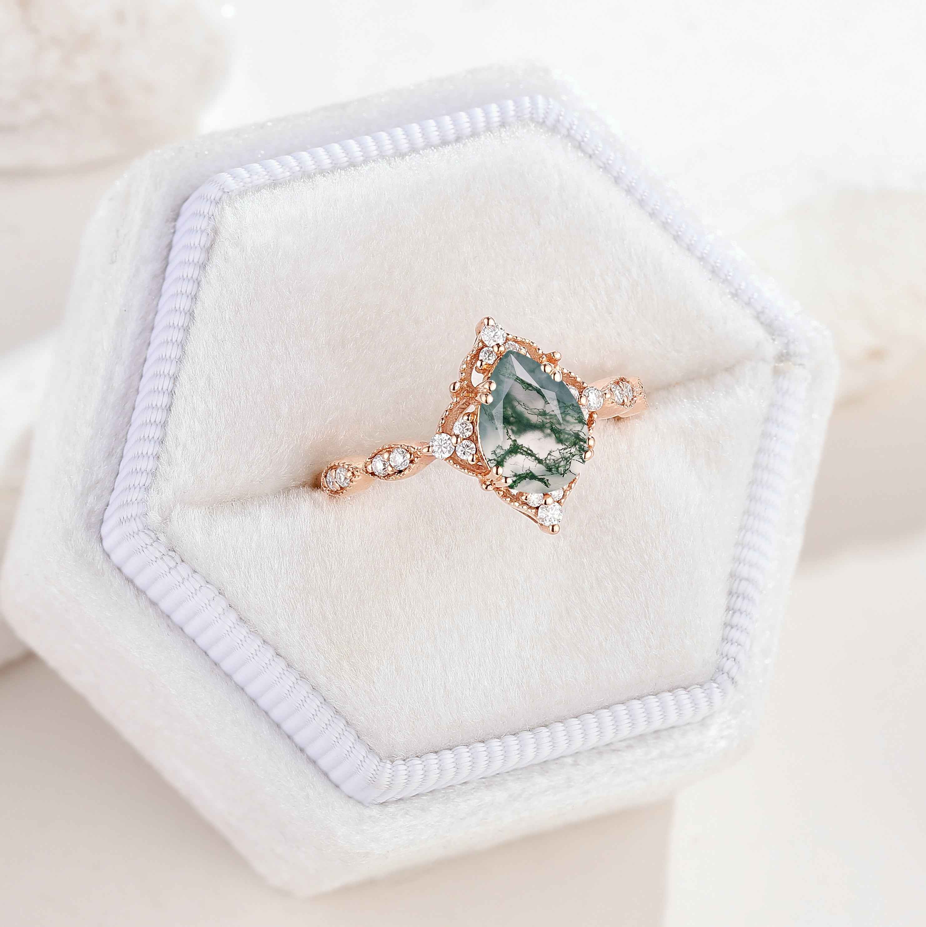 Signature Vintage Pear Cut Moss Agate Engagement Ring