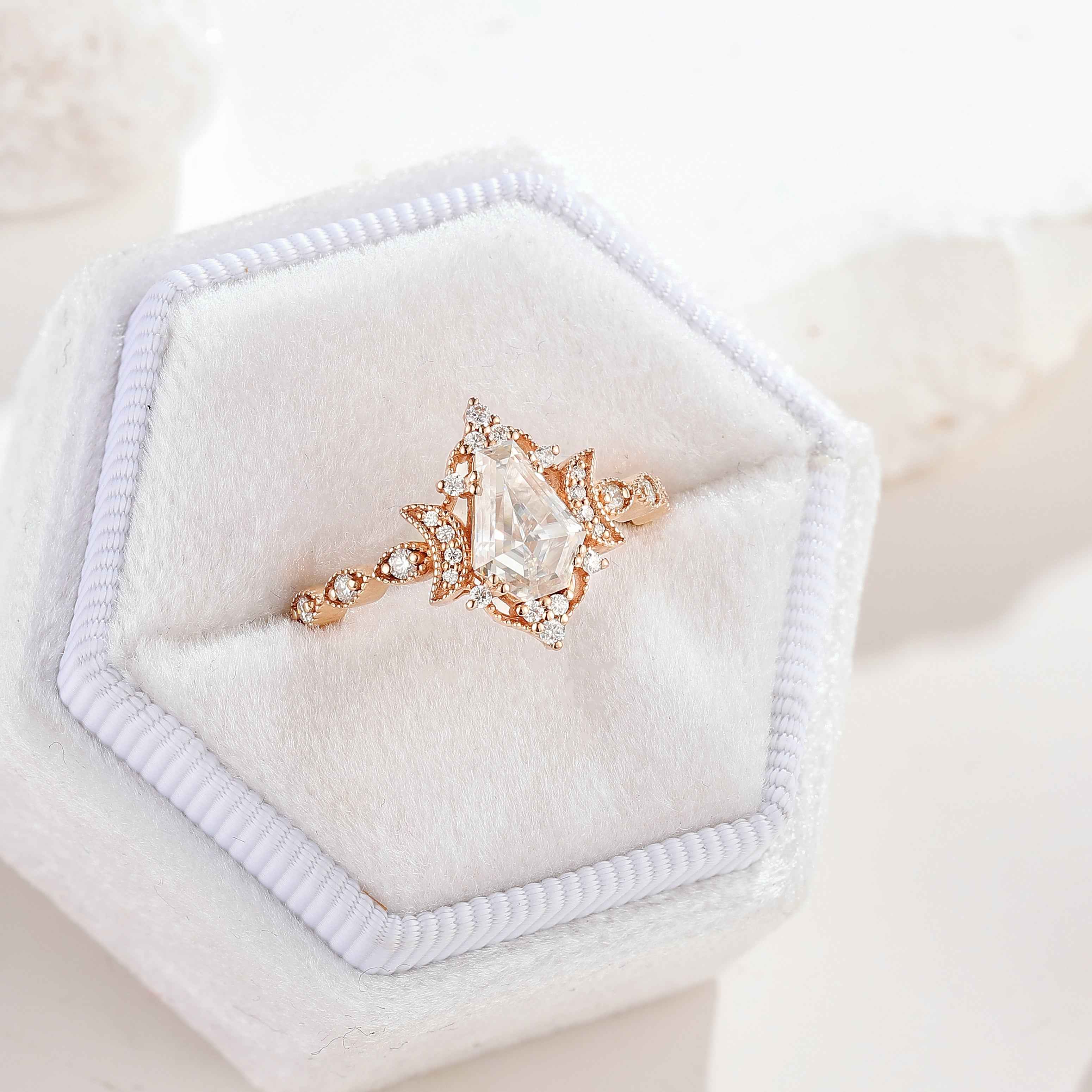 Coffin Cut Moissanite Engagement Ring Unique Moon Design Promise Wedding Ring