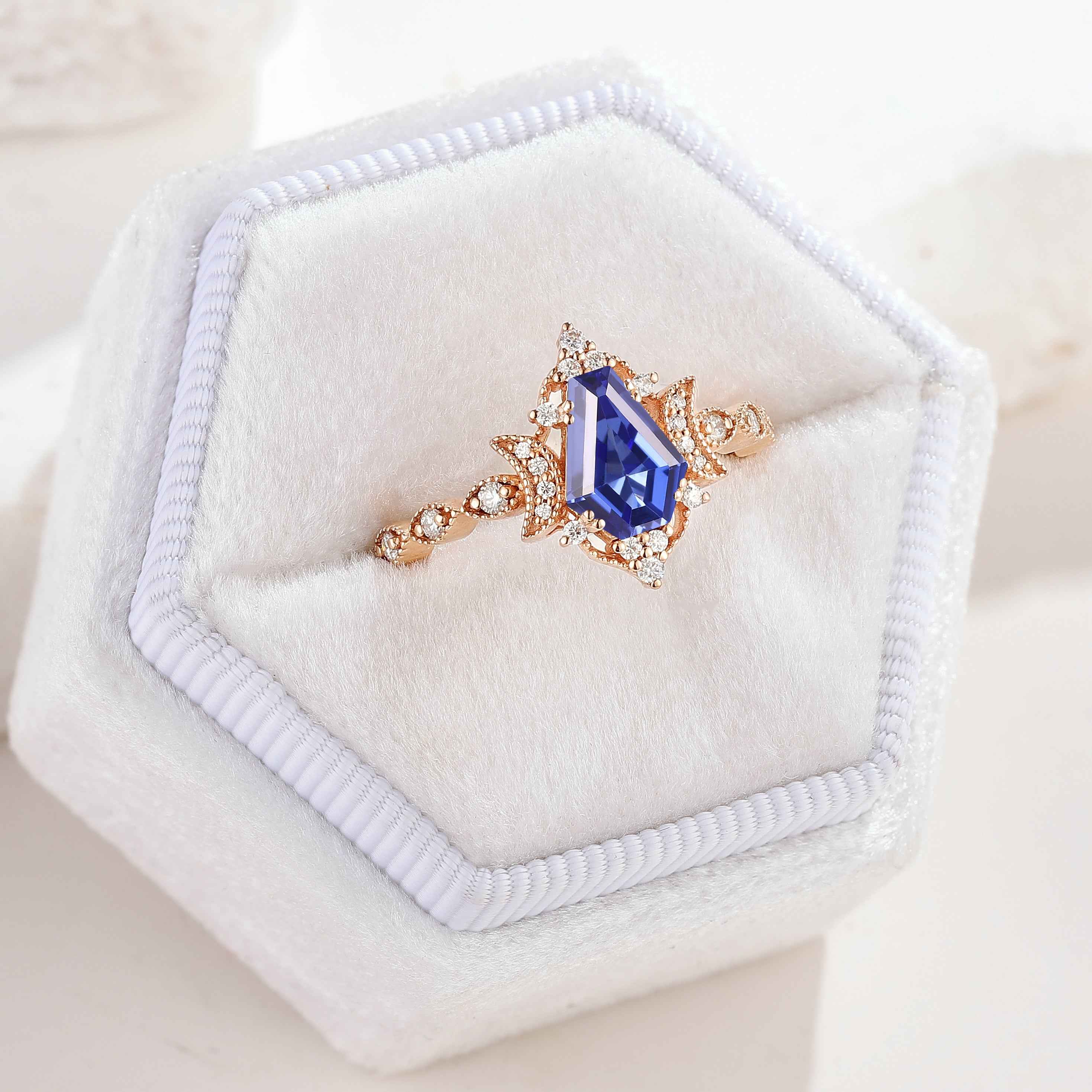 Unique Coffin Cut Lab Blue Sapphire Moon Inspired Engagement Ring