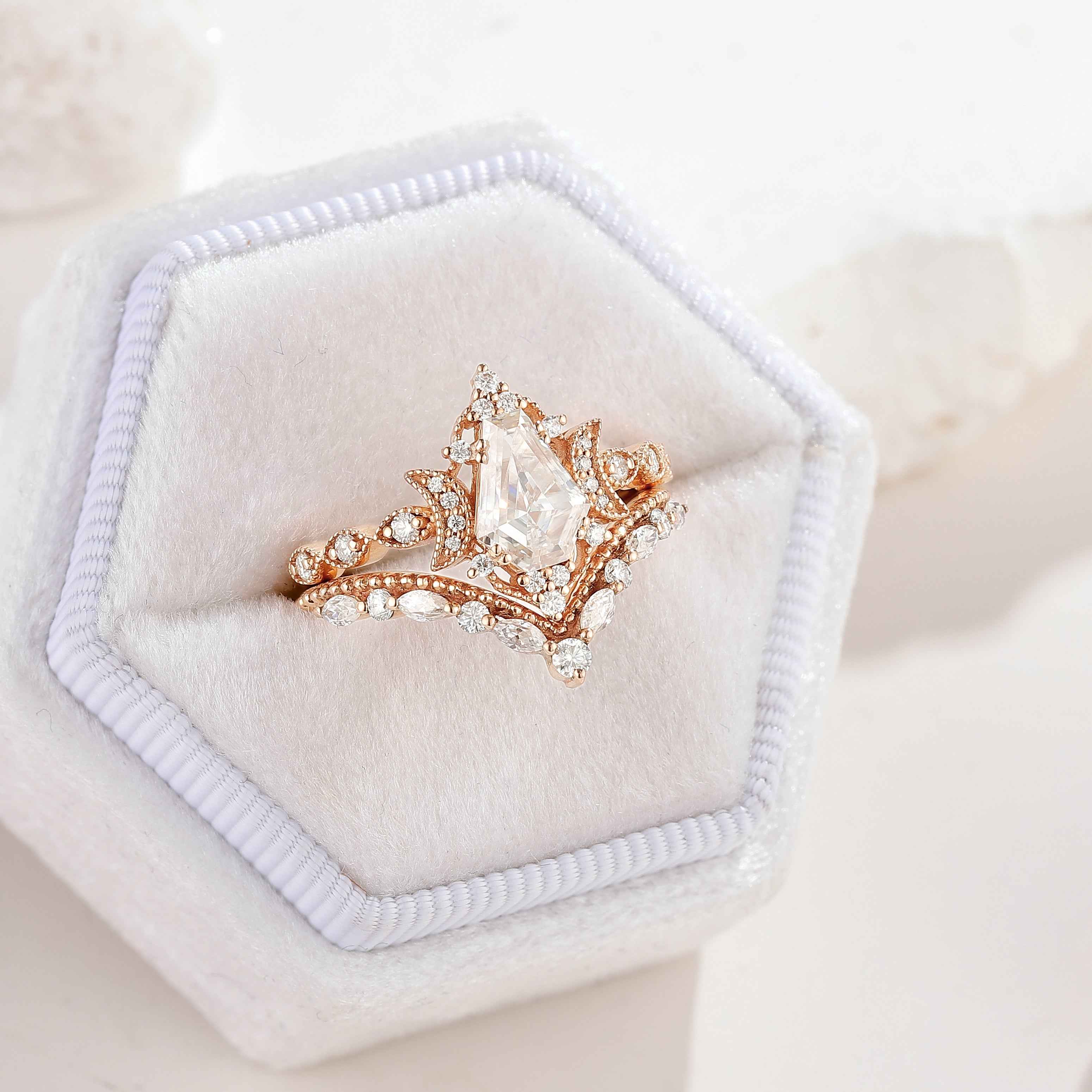 Coffin Cut Unique Moon Design Moissanite Engagement Ring Set Curved Wedding Band