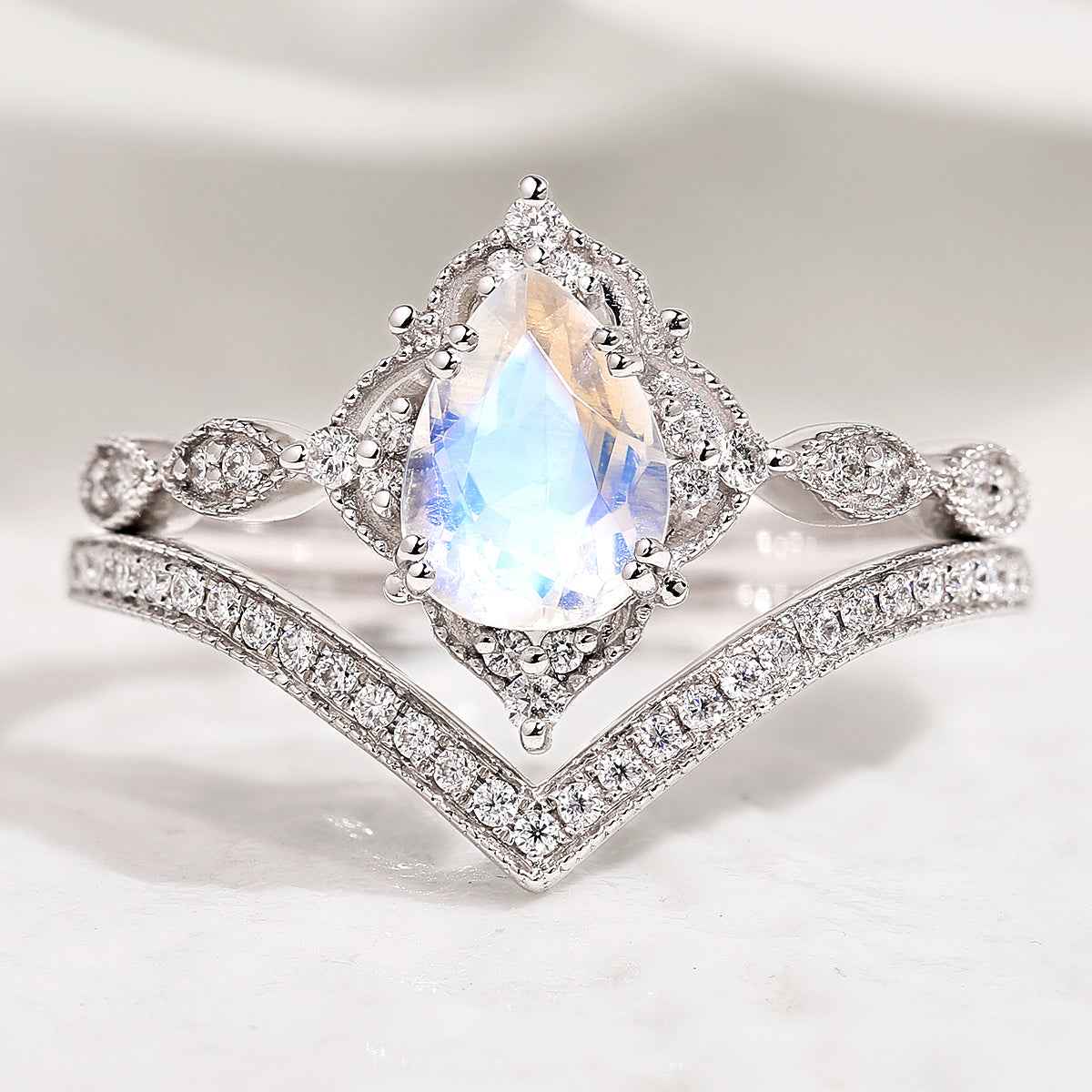 Pear Cut Moonstone Straight Moissanite Engagement Ring with V Shape Wedding Band