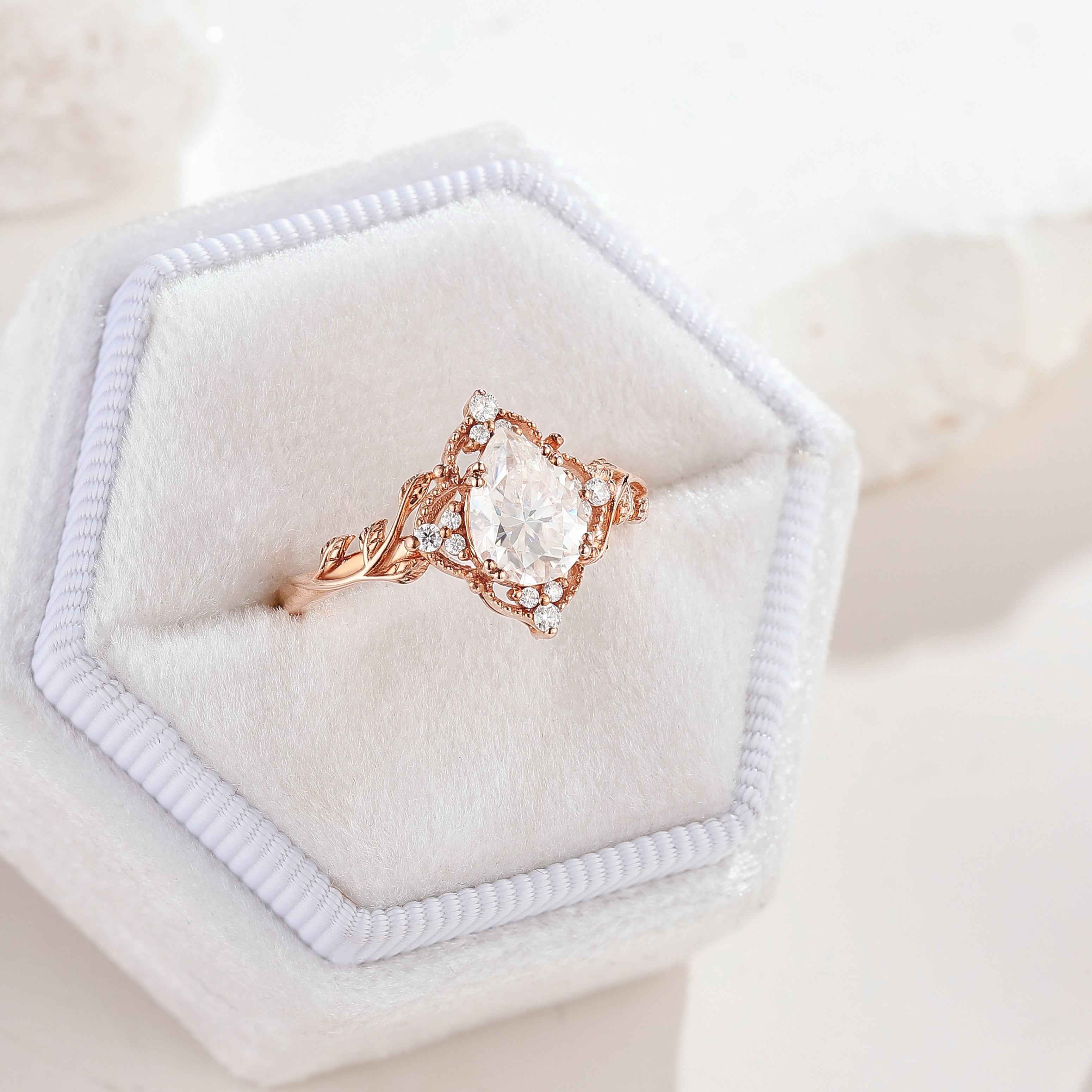 Nature Inspired Leaf Shaped Moissanite Wedding Ring