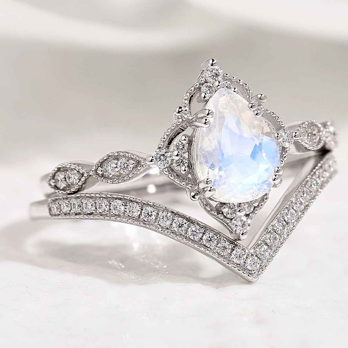 Pear Cut Moonstone Straight Moissanite Engagement Ring with V Shape Wedding Band