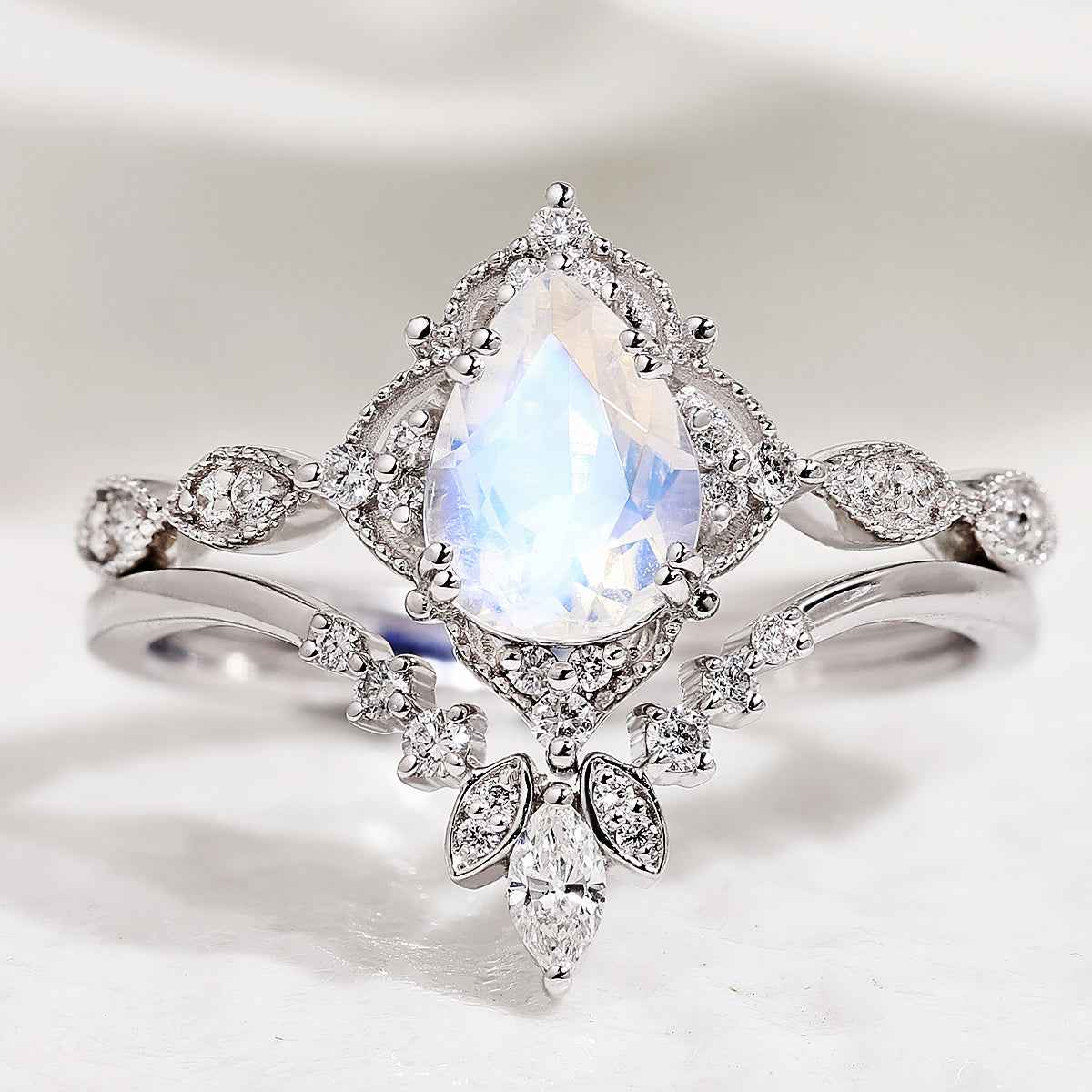 Vintage Pear Cut Moissanite Platinum Engagement Ring Set