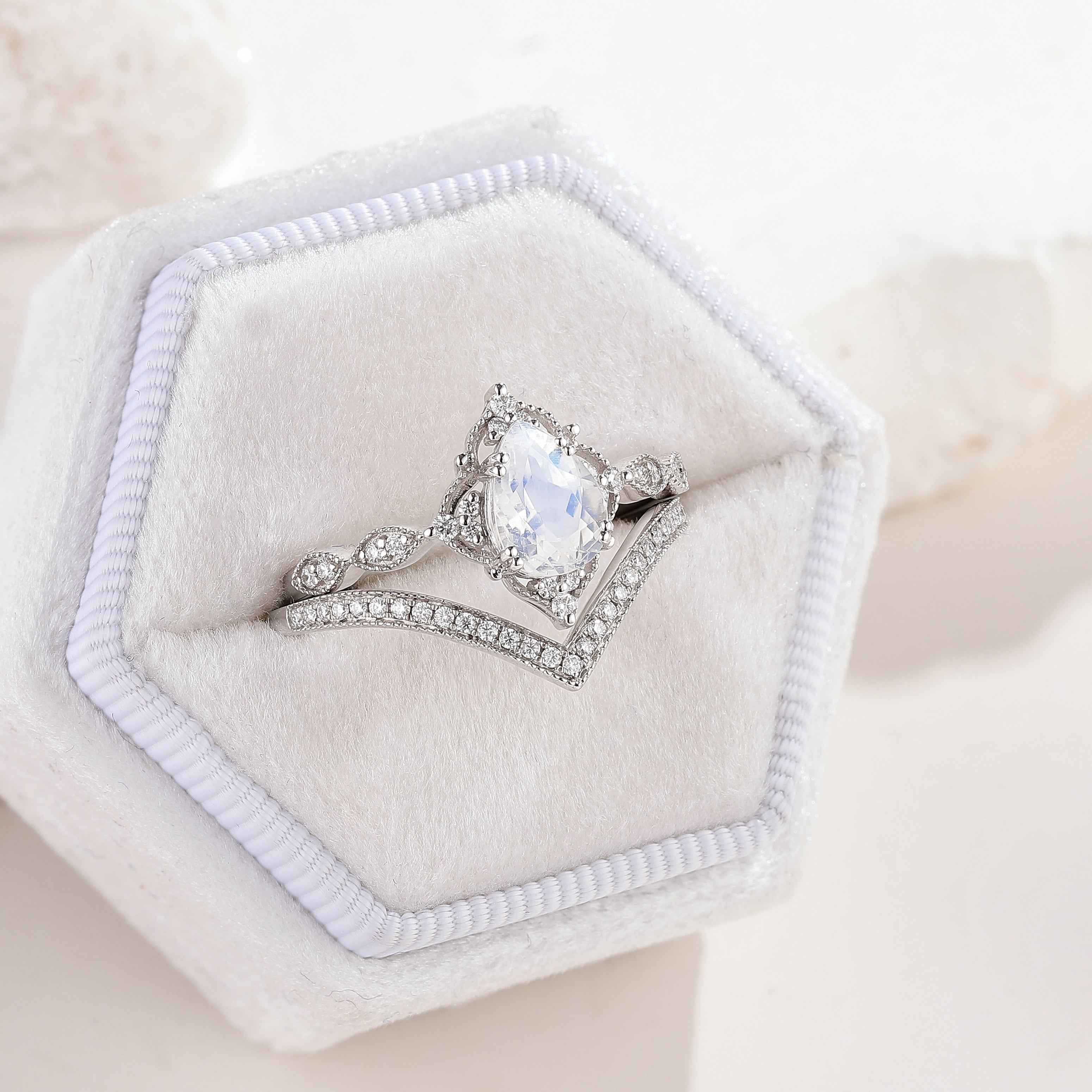 Pear Cut Moonstone Straight Moissanite Engagement Ring with V Shape Wedding Band
