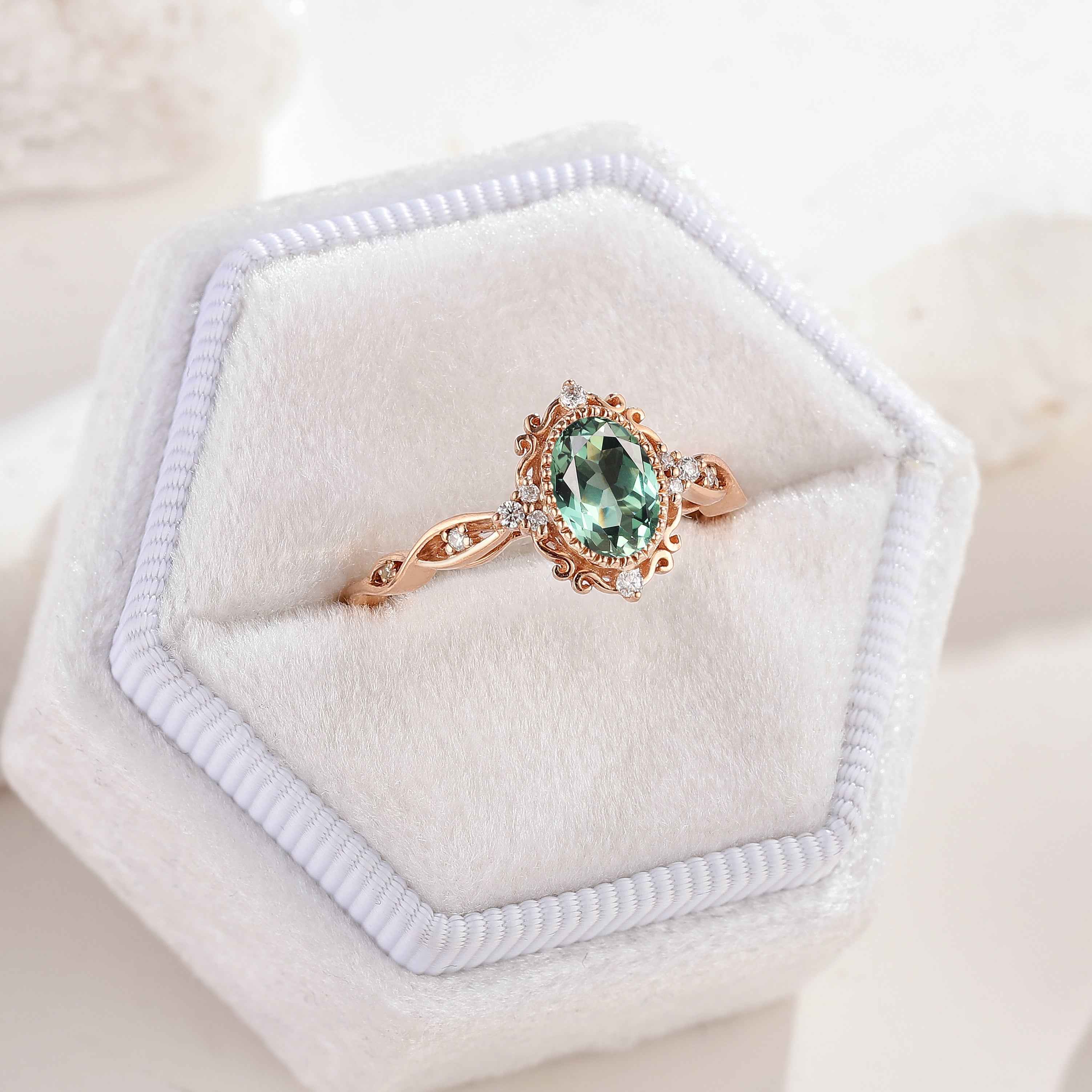 Signature Vintage Oval Cut Lab Green Sapphire Engagement Ring
