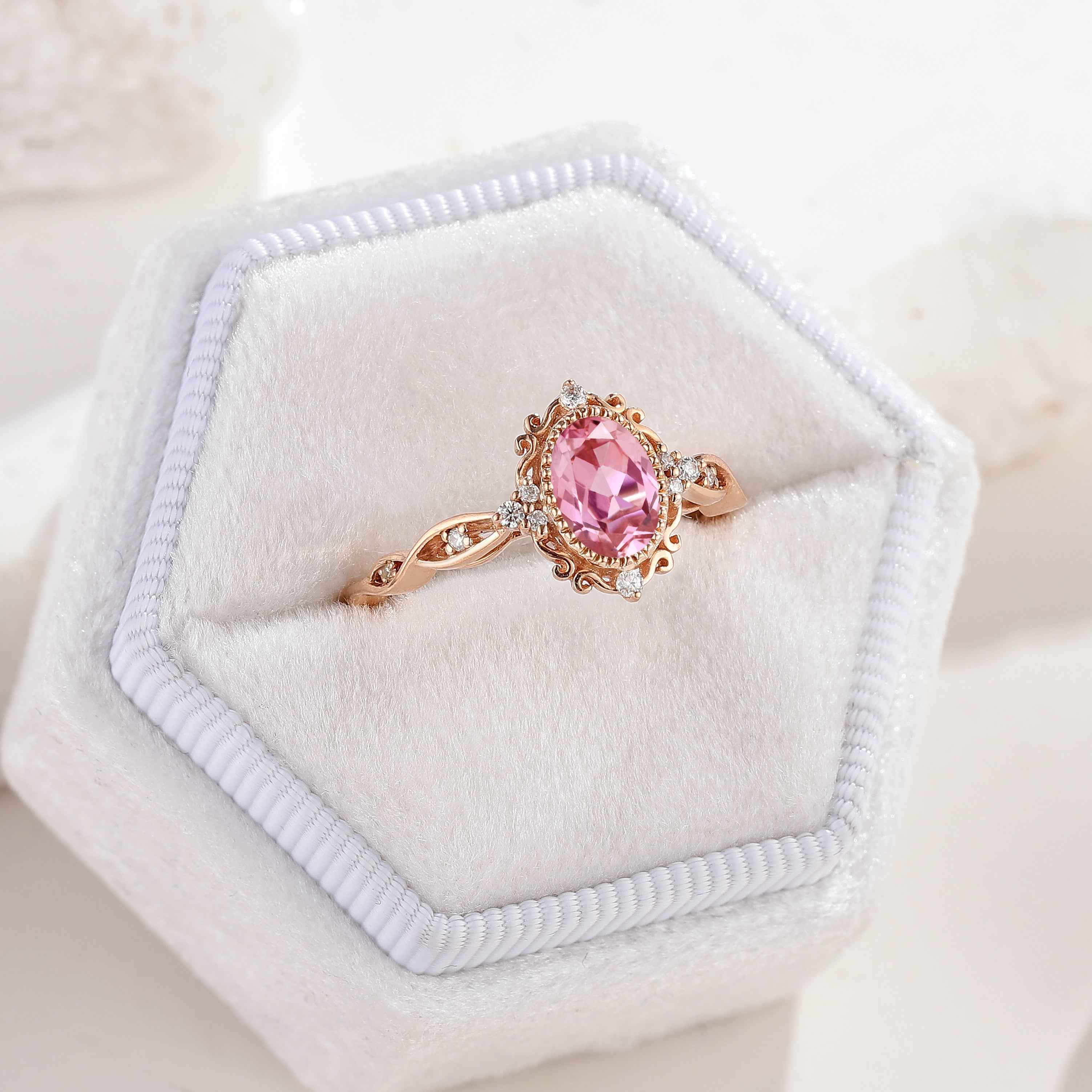 Signature Vintage Oval Cut Lab Pink Sapphire Engagement Ring