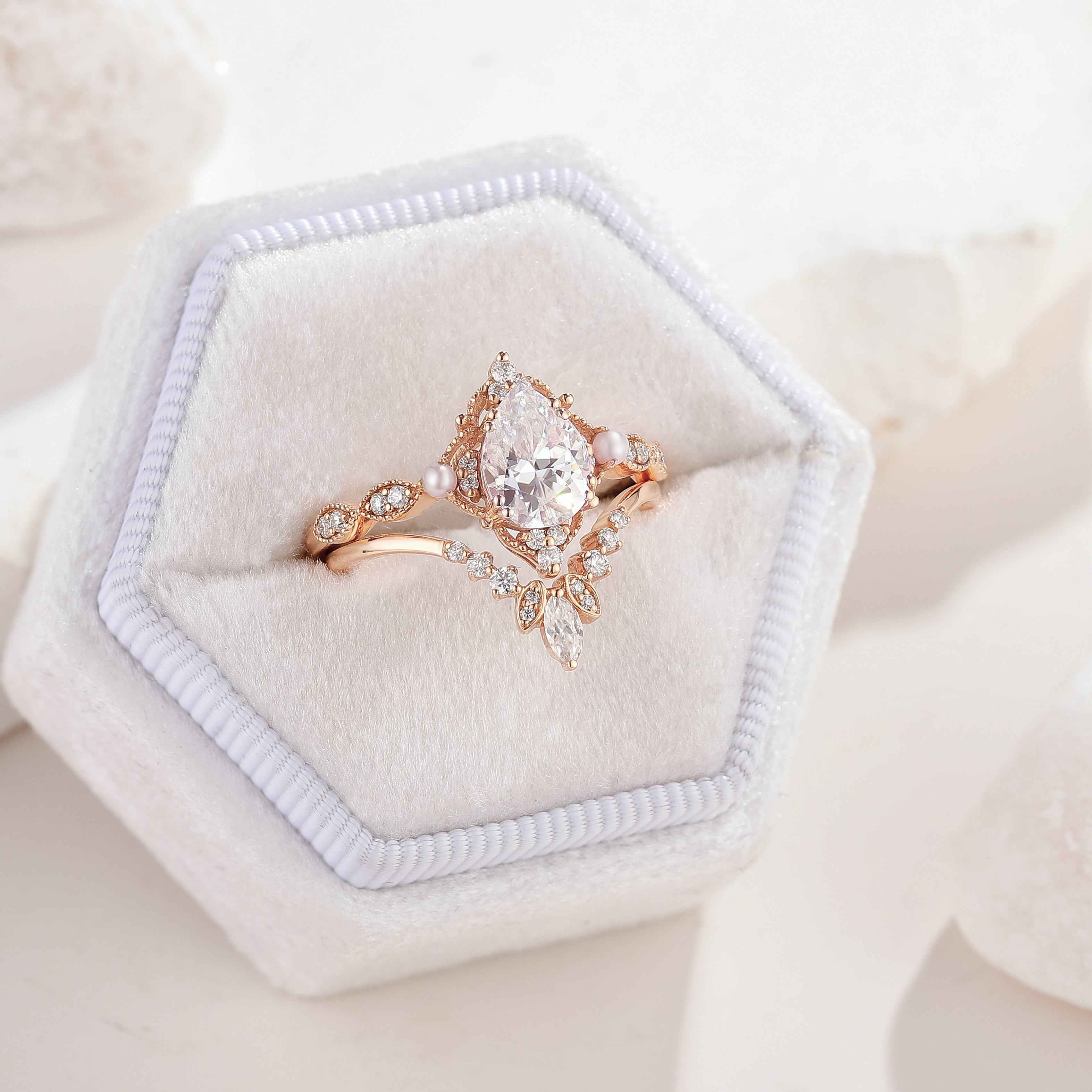 Vintage Pearl and Moissanite Engagement Ring Set Moissanite Cluster Wedding Band