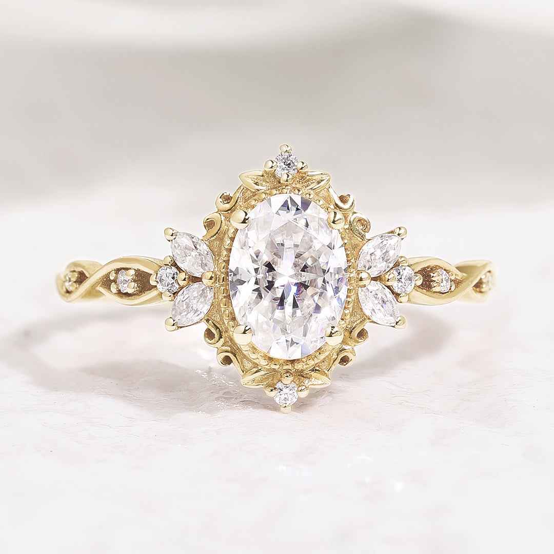 Art Deco Vintage Oval Moissanite Engagement Ring Rose Gold Promise Rings