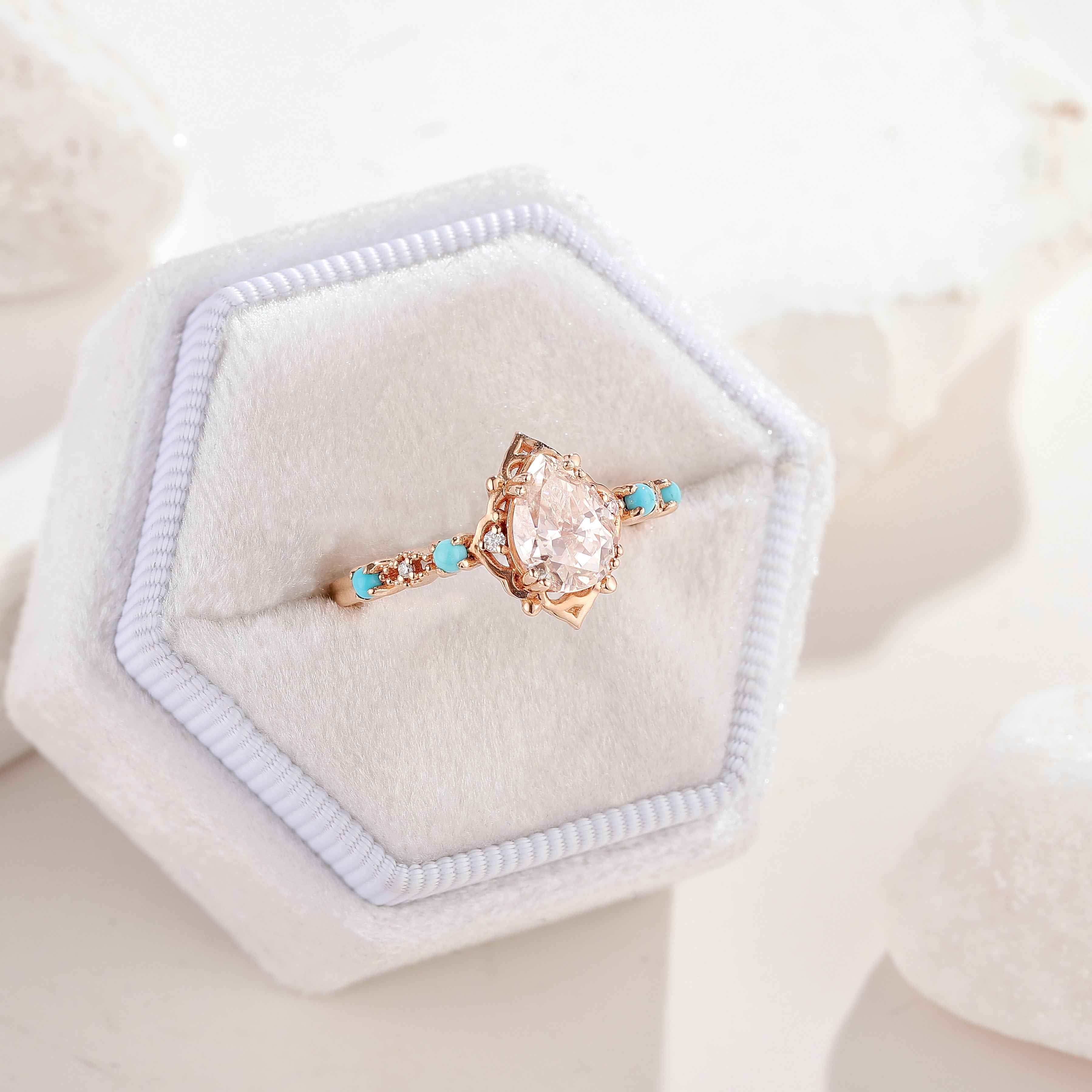 Vintage Pear Cut Moissanite Engagement Ring Turquoise Wedding Band