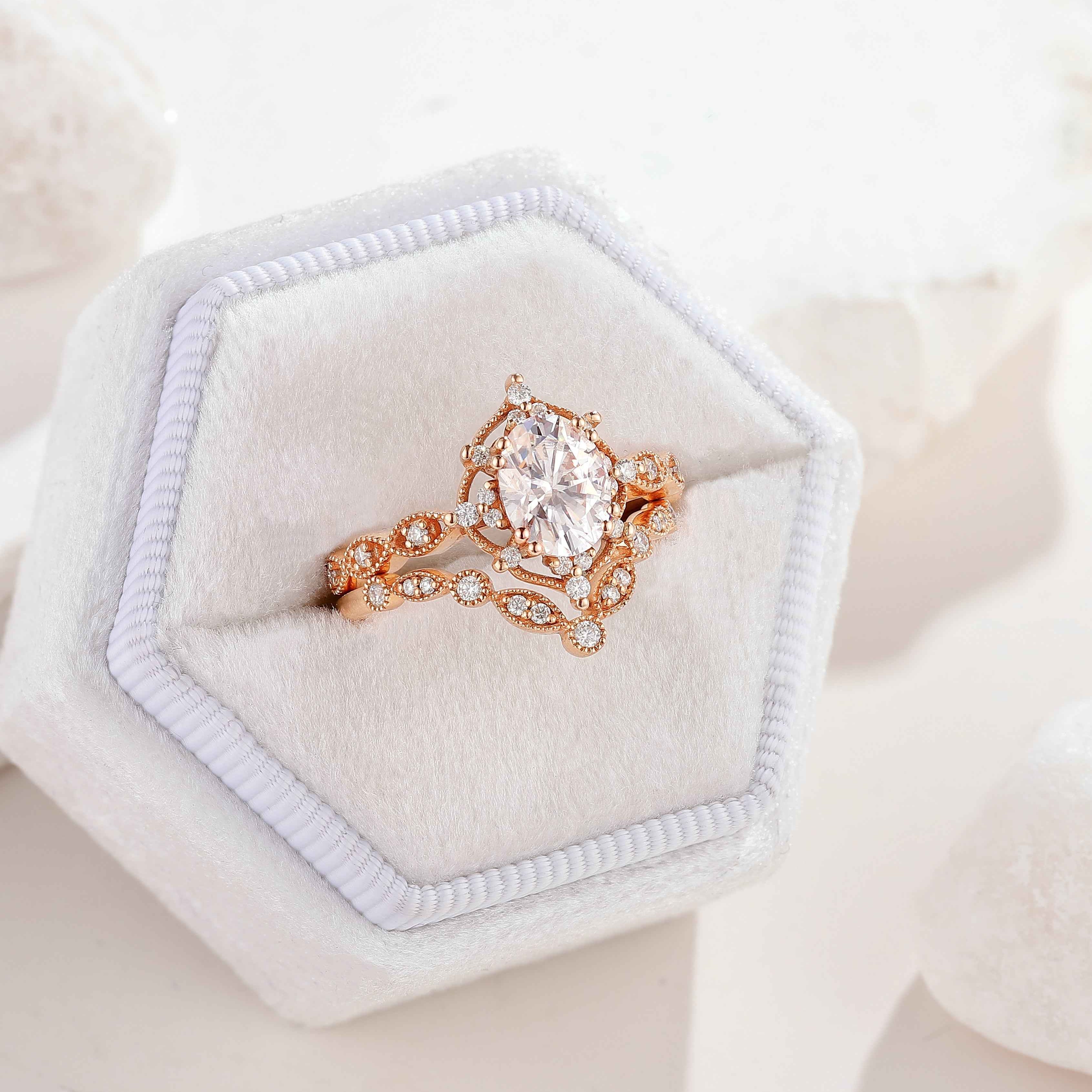 Oval Rose Gold Moissanite Crown Engagement Ring Promise Bridal Ring Set