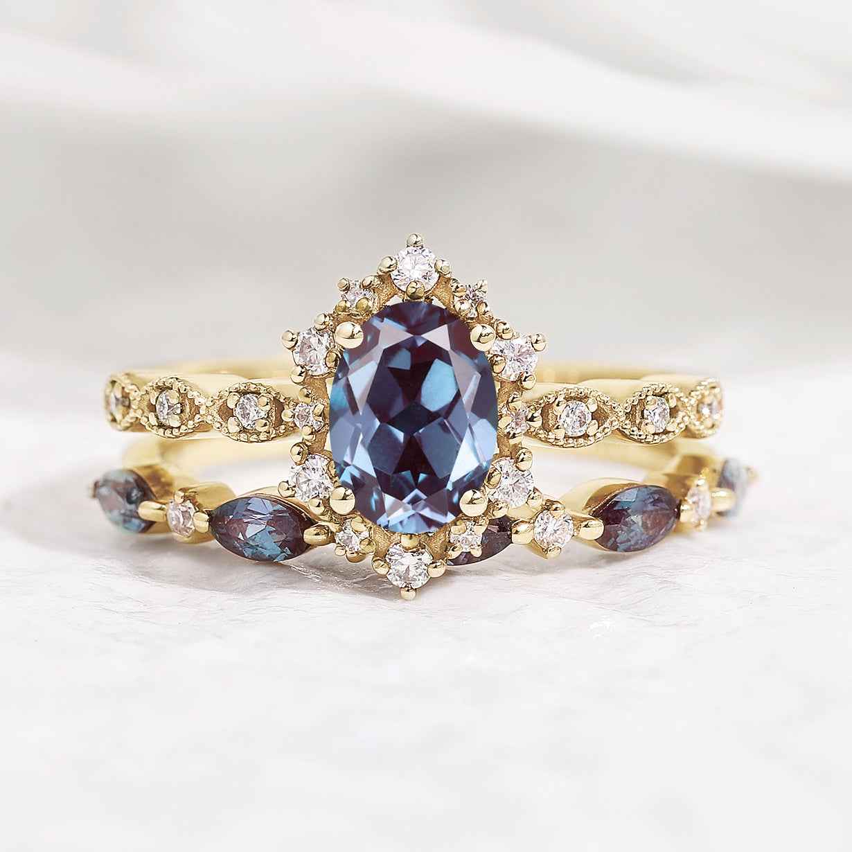 Dainty Oval Cut Alexandrite Engagement Ring Set Rose Gold Moissanite Wedding Band