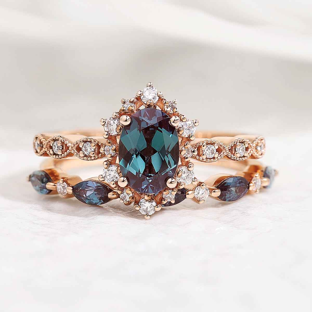 Dainty Oval Cut Alexandrite Engagement Ring Set Rose Gold Moissanite Wedding Band