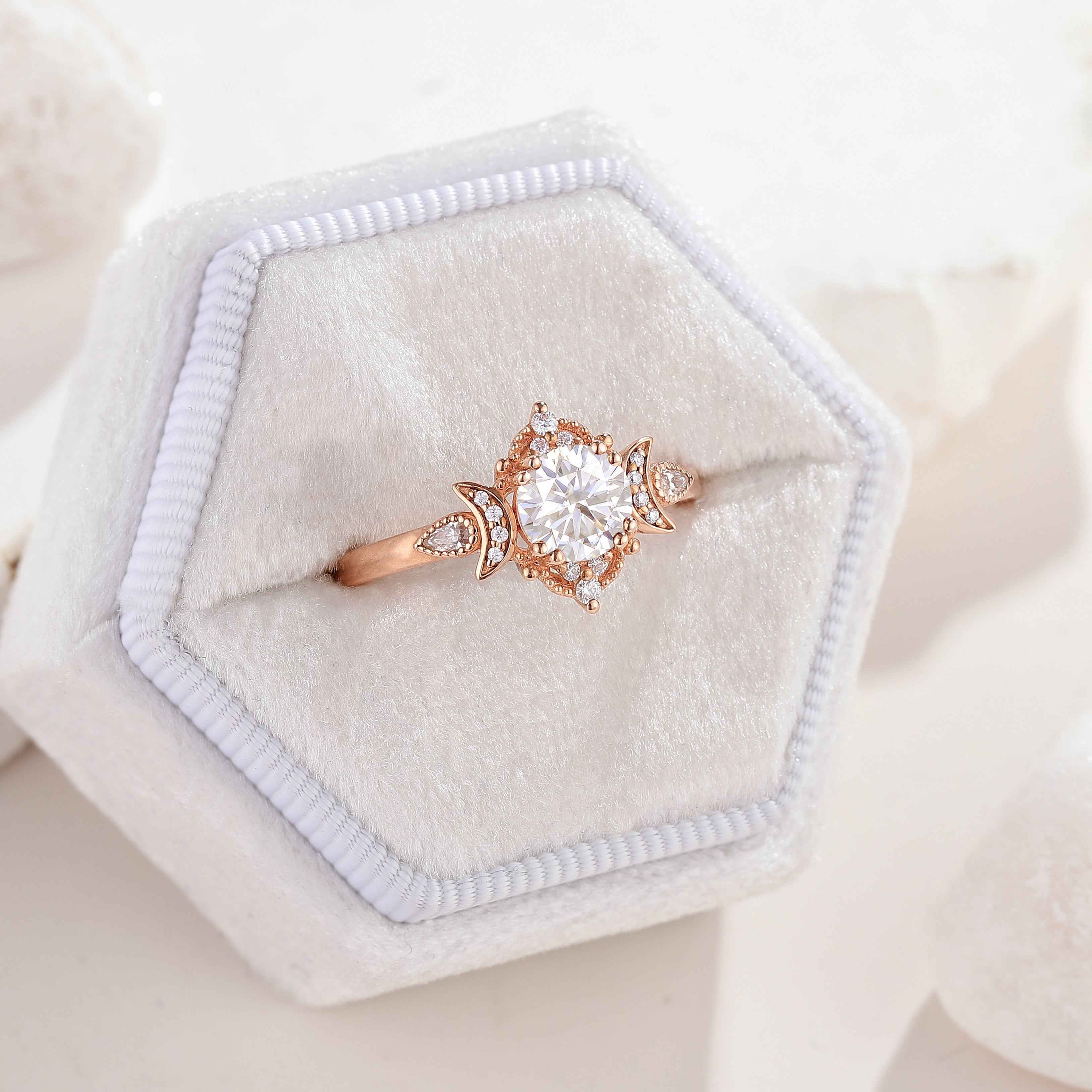 Unique Design Round Moissanite Engagement Ring With 2 Moons