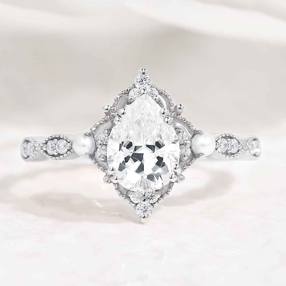 Vintage Pearl and Moissanite Cluster Wedding Band Anniversary Promise Ring