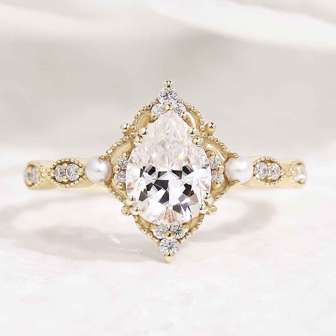 Vintage Pearl and Moissanite Cluster Wedding Band Anniversary Promise Ring