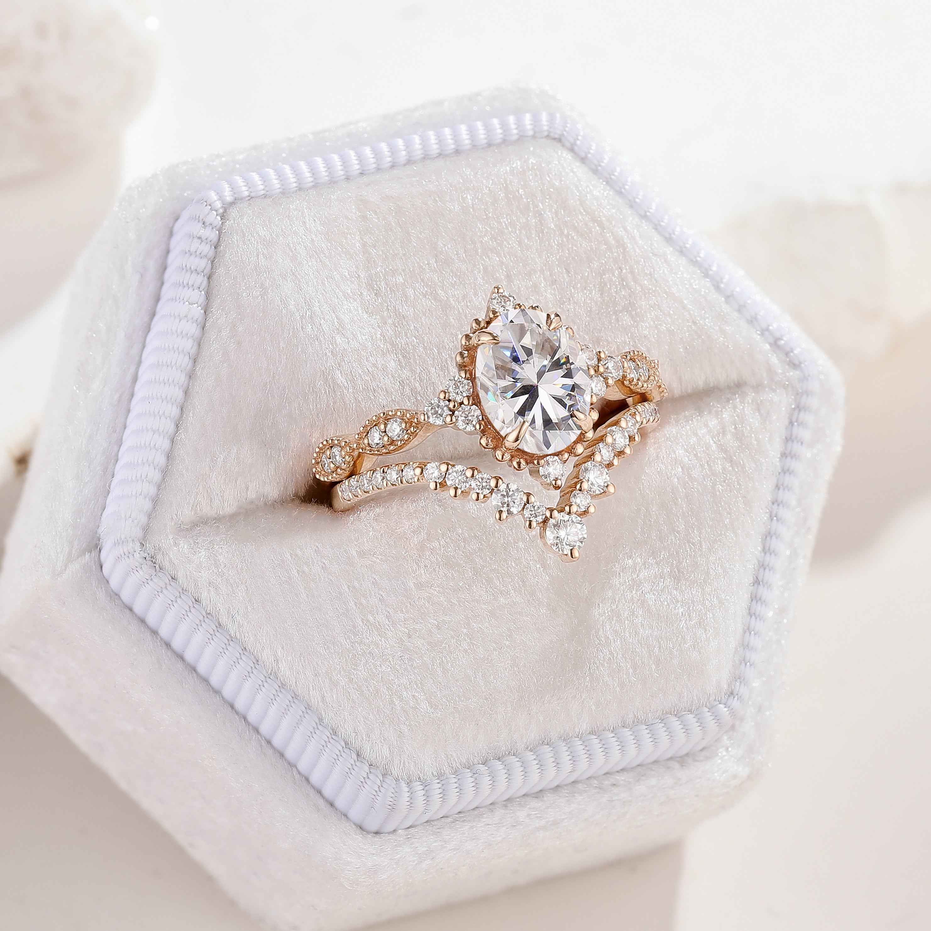 Vintage Oval Cut Moissanite Engagement Bridal Set Chevron Wedding Ring